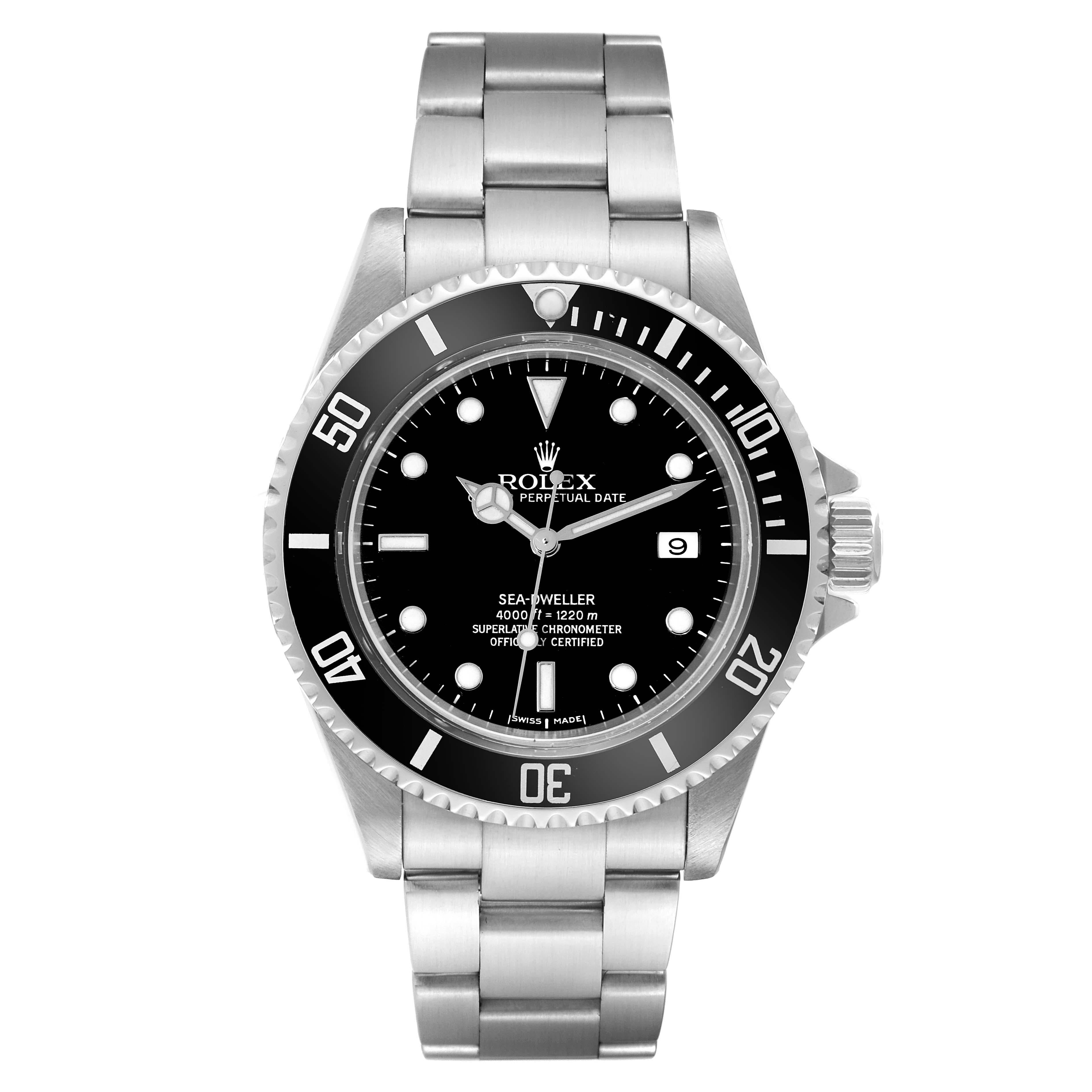Rolex Seadweller 4000 Black Dial Steel Mens Watch 16600. Officially certified chronometer automatic self-winding movement. Stainless steel case 40 mm in diameter. Rolex logo on the crown. Special time-lapse unidirectional rotating bezel. Scratch