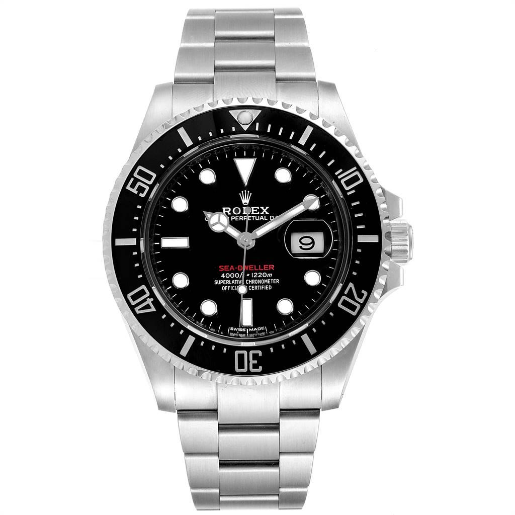 Rolex Seadweller 43mm 50th Anniversary Steel Mens Watch 126600 Box Card. Officially certified chronometer self-winding movement. Stainless steel oyster case 43 mm in diameter. Rolex logo on a crown. Ceramic unidirectional rotating bezel. Scratch