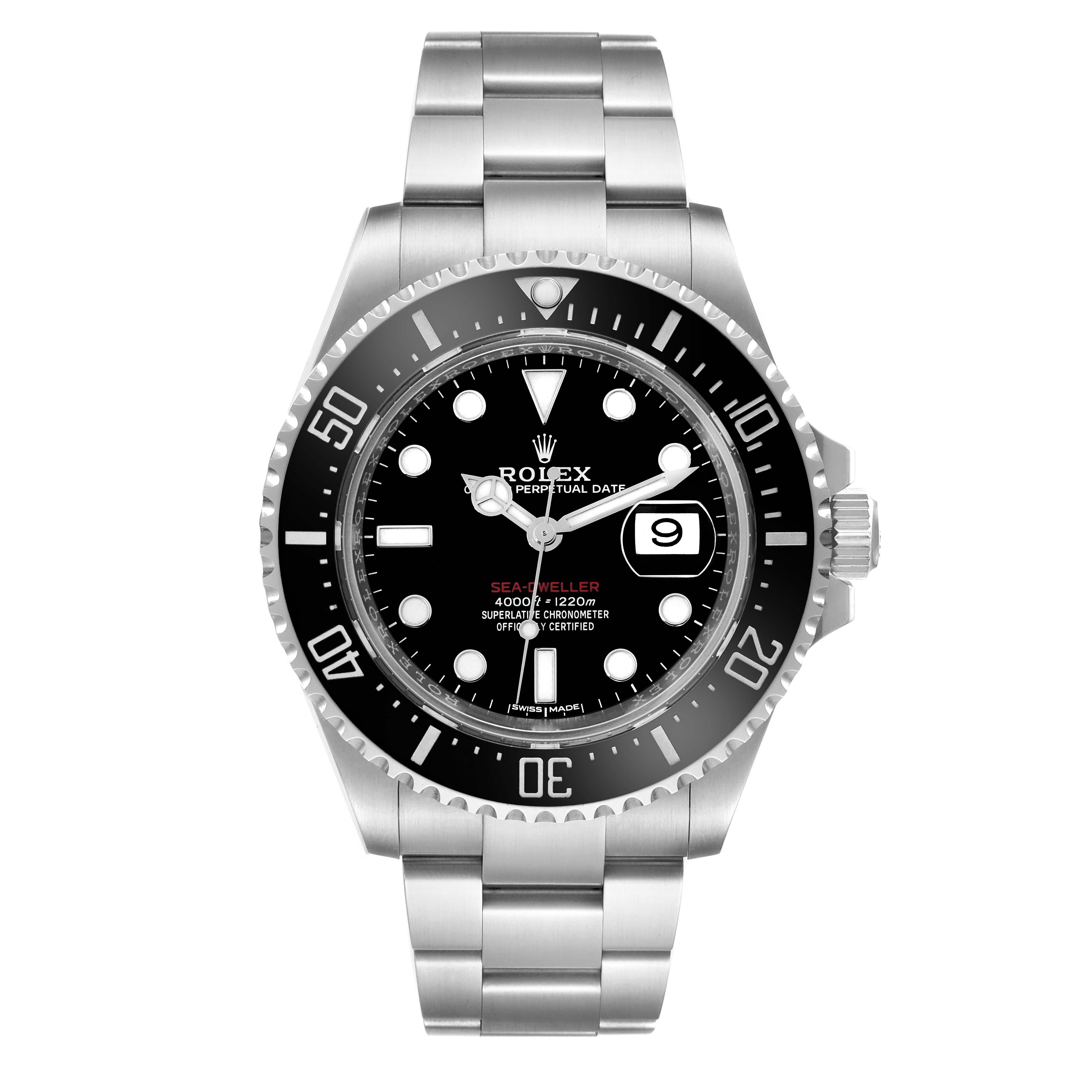 Rolex Seadweller 43mm 50th Anniversary Steel Mens Watch 126600 Box Card. Officially certified chronometer automatic self-winding movement. Stainless steel oyster case 43 mm in diameter. Rolex logo on the crown. Black ceramic unidirectional rotating
