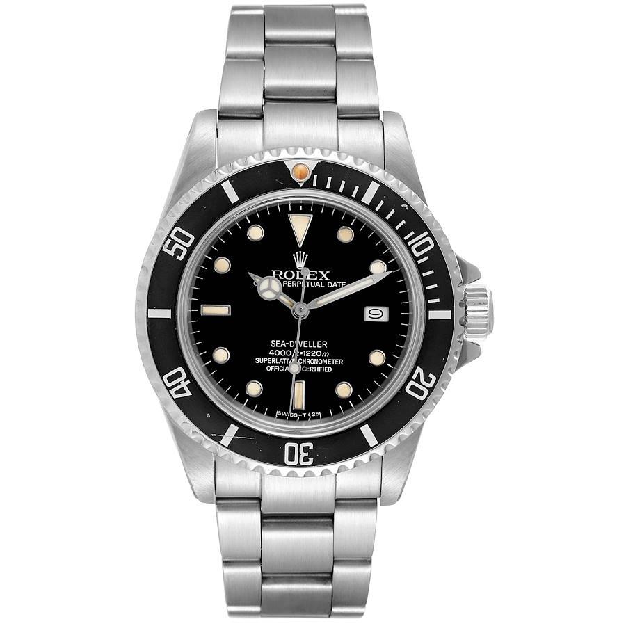 Rolex Seadweller Automatic Steel Black Dial Vintage Mens Watch 16660. Officially certified chronometer self-winding movement. Stainless steel round case 40.0 mm in diameter. Rolex logo on a crown. Special time-lapse unidirectional rotating bezel.