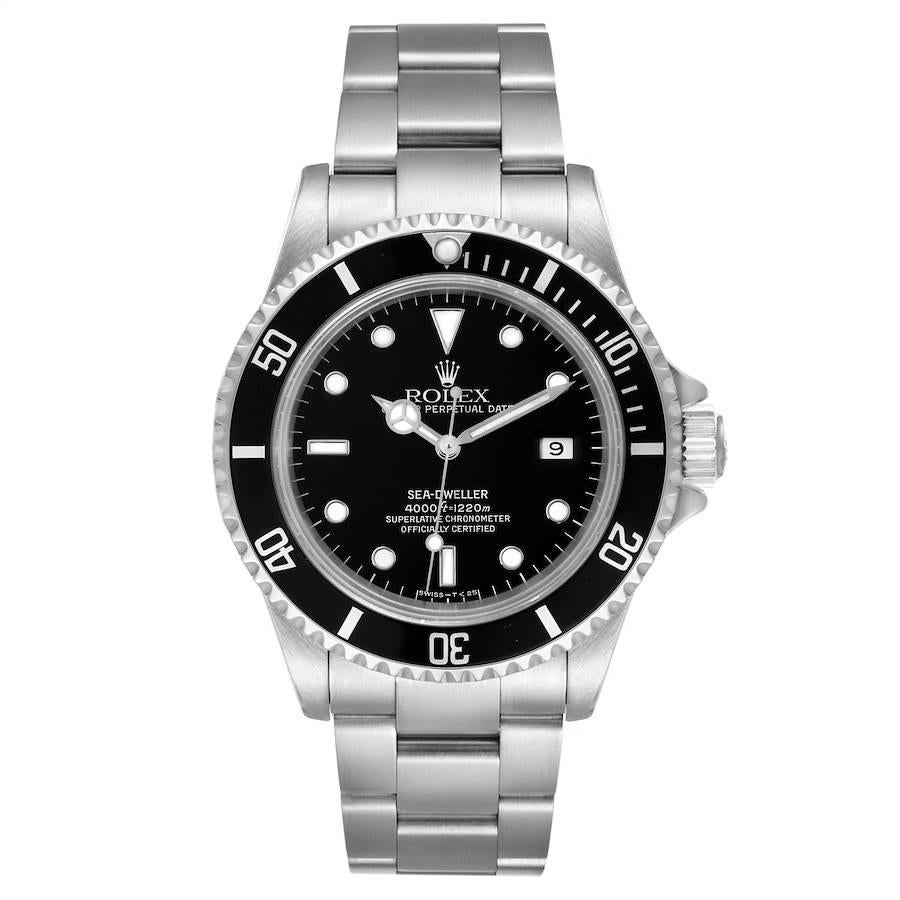 Rolex Seadweller Black Dial Automatic Steel Mens Watch 16600. Officially certified chronometer self-winding movement. Stainless steel case 40 mm in diameter. Rolex logo on a crown. Special time-lapse unidirectional rotating bezel. Scratch resistant