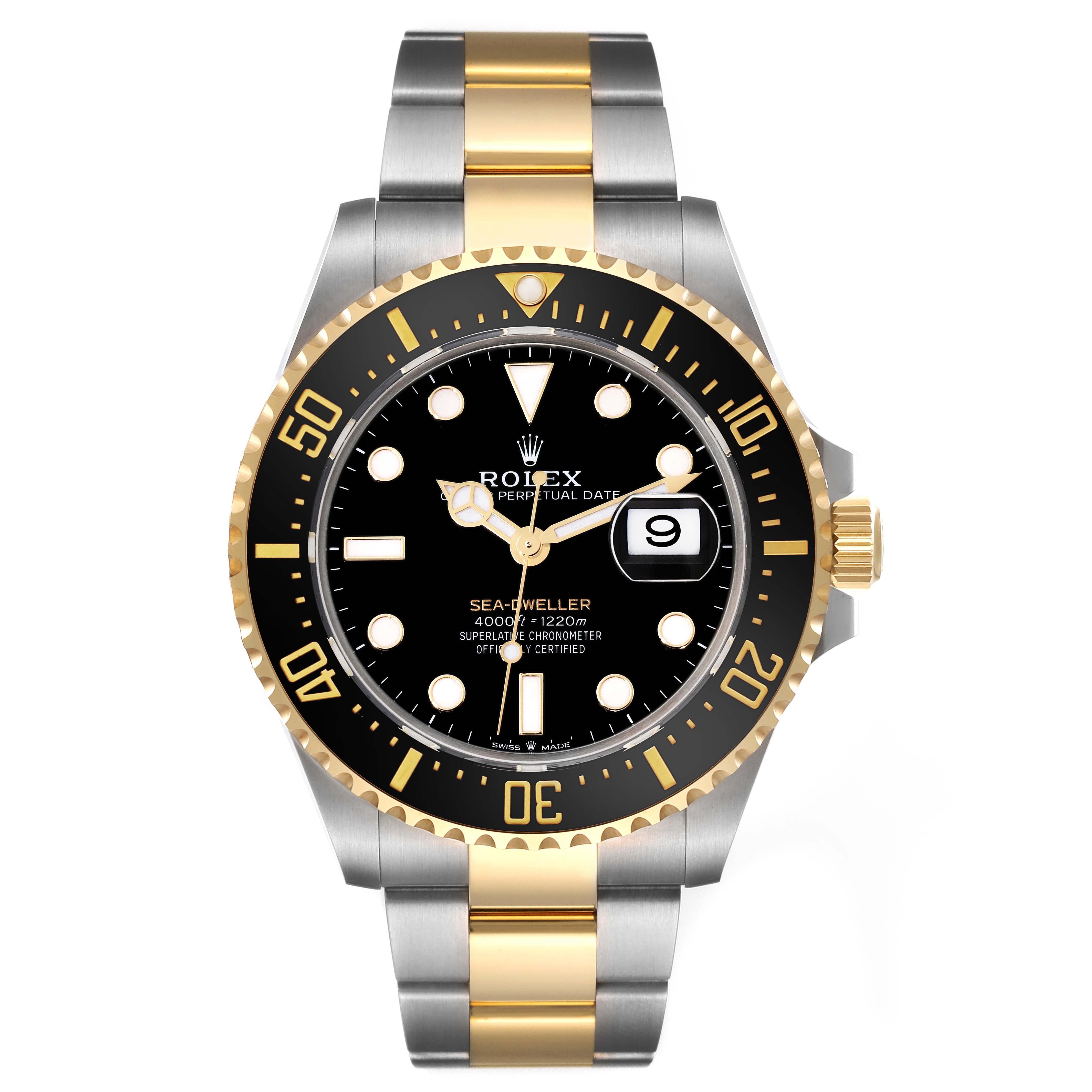 Rolex Seadweller Black Dial Steel Yellow Gold Mens Watch 126603 Box Card. Officially certified chronometer automatic self-winding movement. Stainless steel and 18K yellow gold oyster case 43 mm in diameter. Rolex logo on the crown. Special