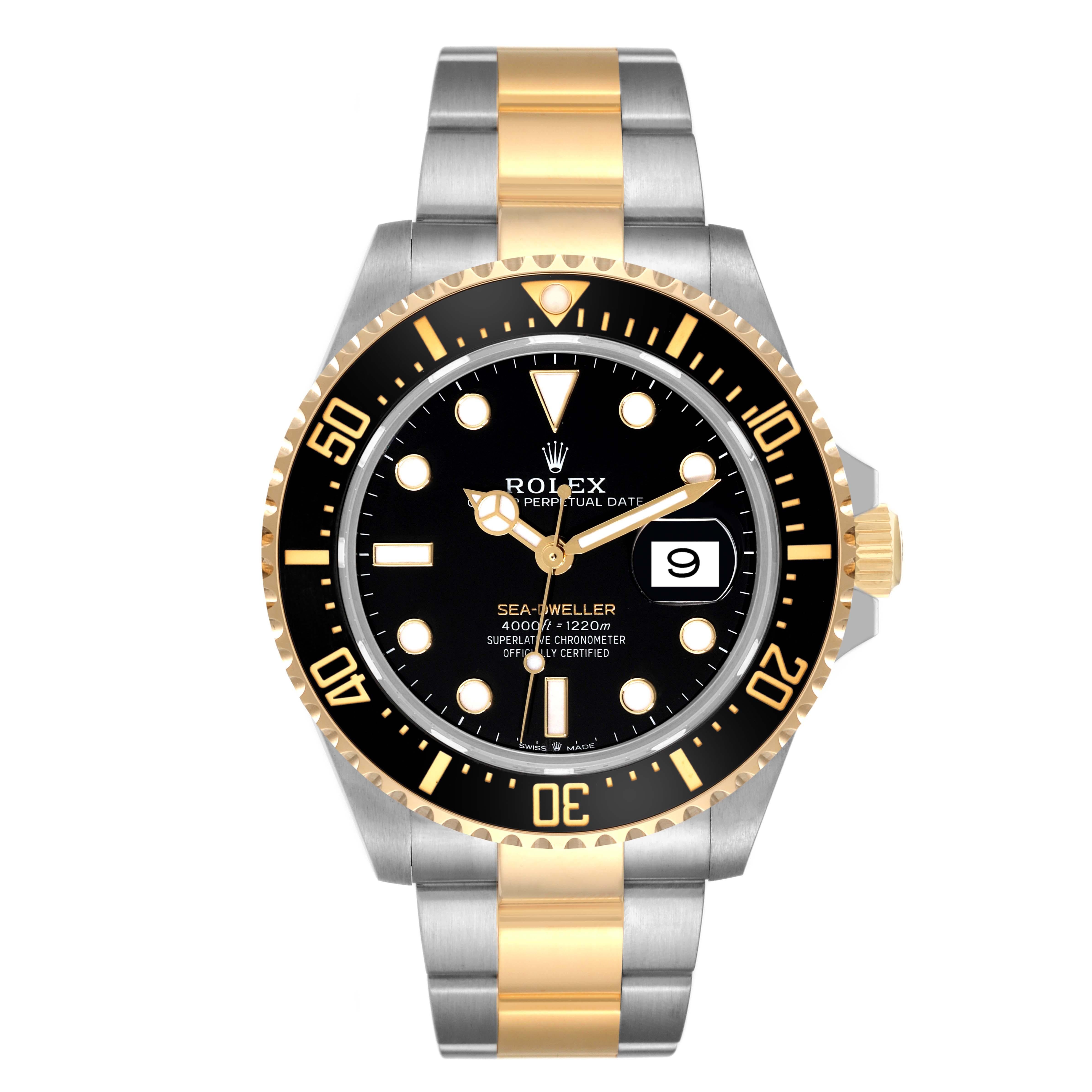Rolex Seadweller Black Dial Steel Yellow Gold Mens Watch 126603 Box Card. Officially certified chronometer automatic self-winding movement. Stainless steel and 18K yellow gold oyster case 43 mm in diameter. Rolex logo on the crown. Special