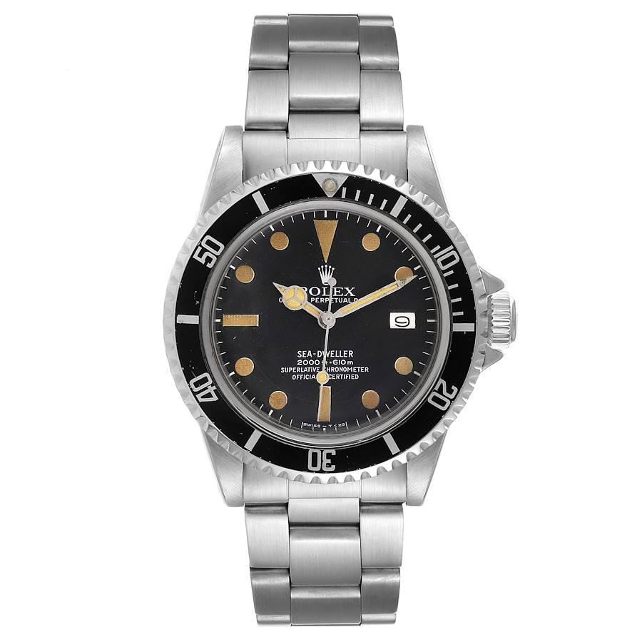 Rolex Seadweller Black Dial Vintage Steel Mens Watch 1665. Officially certified chronometer self-winding movement. Stainless steel case 40 mm in diameter. Rolex logo on a crown. Bi-directional revolving bezel calibrated for 60 units. Acrylic