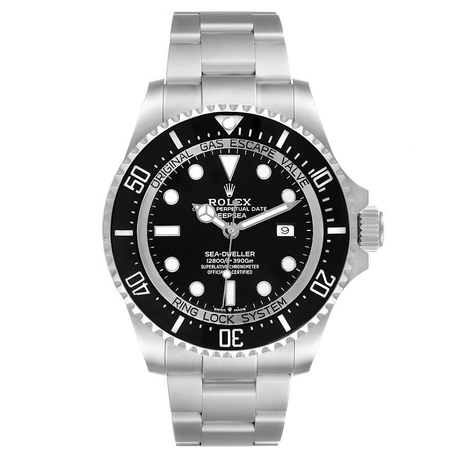 Rolex Seadweller Deepsea 44 Black Dial Steel Mens Watch 126660 Box Card. Officially certified chronometer self-winding movement. Stainless steel oyster case 44 mm in diameter. Rolex logo on a crown. Special time-lapse unidirectional rotating