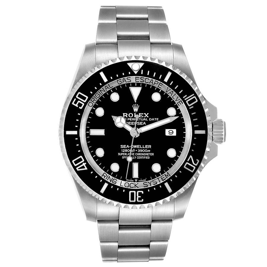 Rolex Seadweller Deepsea 44 Black Dial Steel Mens Watch 126660 Box Card. Officially certified chronometer automatic self-winding movement. Stainless steel oyster case 44 mm in diameter. Rolex logo on the crown. Special time-lapse unidirectional