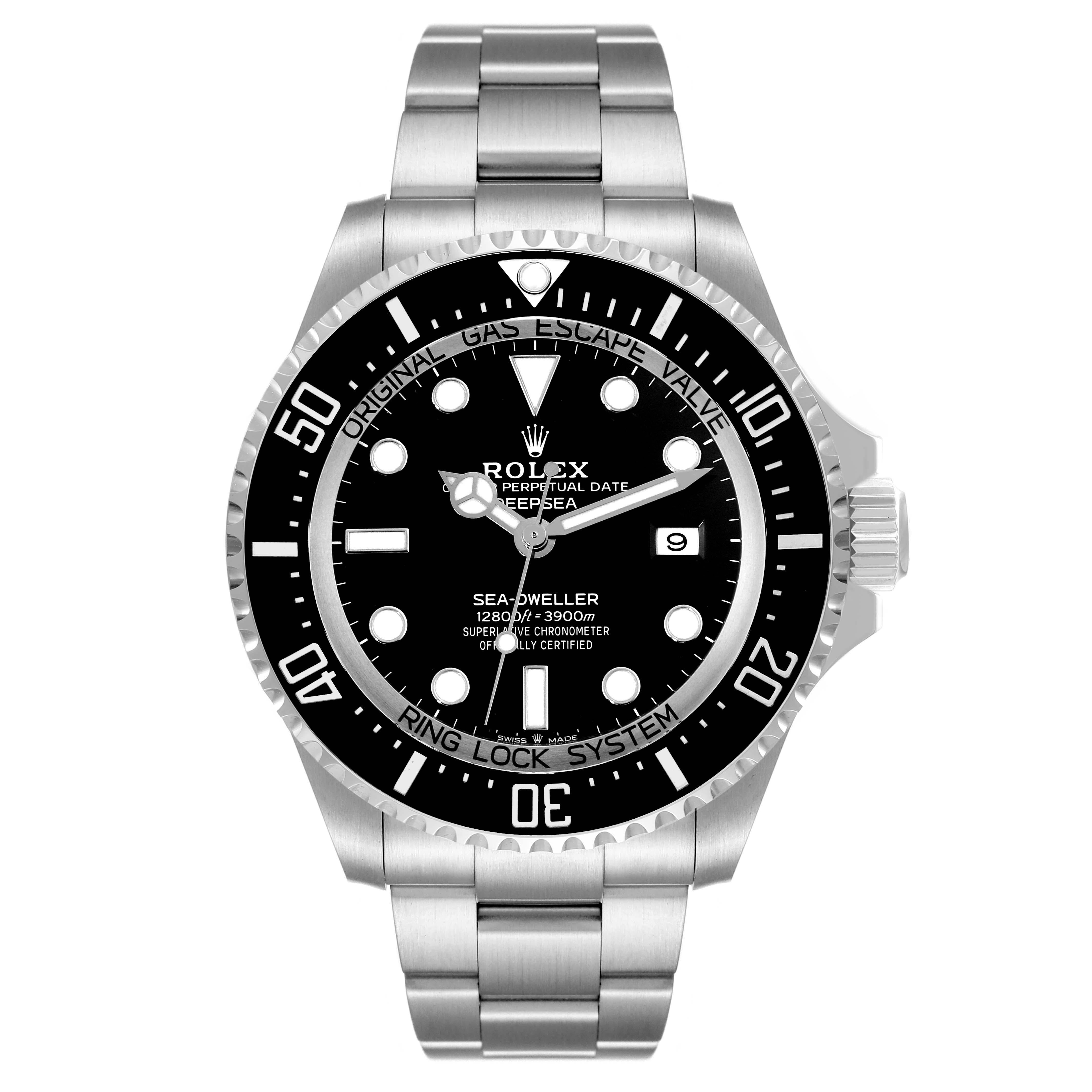 Rolex Seadweller Deepsea 44 Black Dial Steel Mens Watch 126660 Box Card. Officially certified chronometer automatic self-winding movement. Stainless steel oyster case 44 mm in diameter. Rolex logo on the crown. Special time-lapse unidirectional