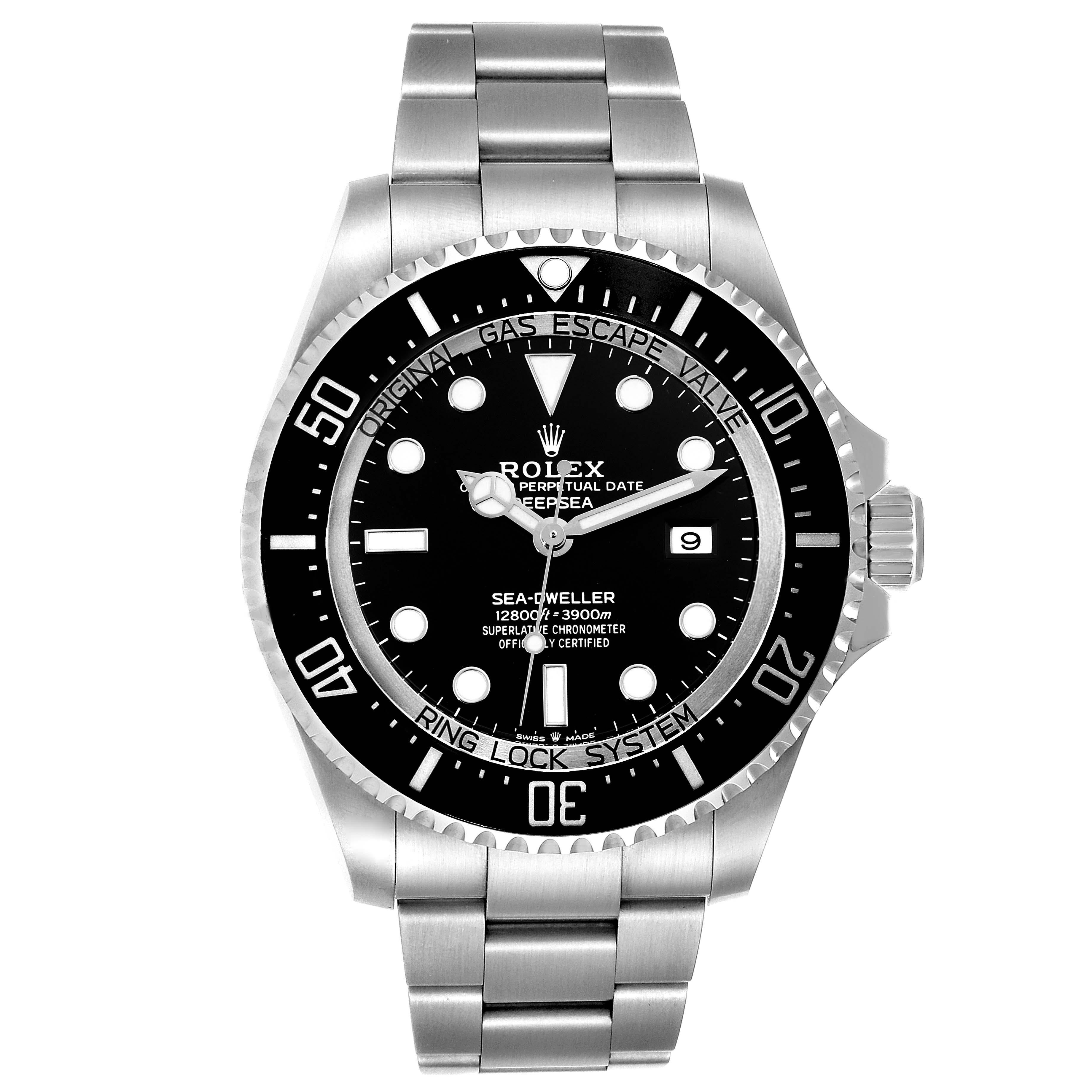 Rolex Seadweller Deepsea 44 Black Dial Steel Mens Watch 126660 Box Card. Officially certified chronometer automatic self-winding movement. Stainless steel oyster case 44 mm in diameter. Rolex logo on the crown. Special time-lapse unidirectional