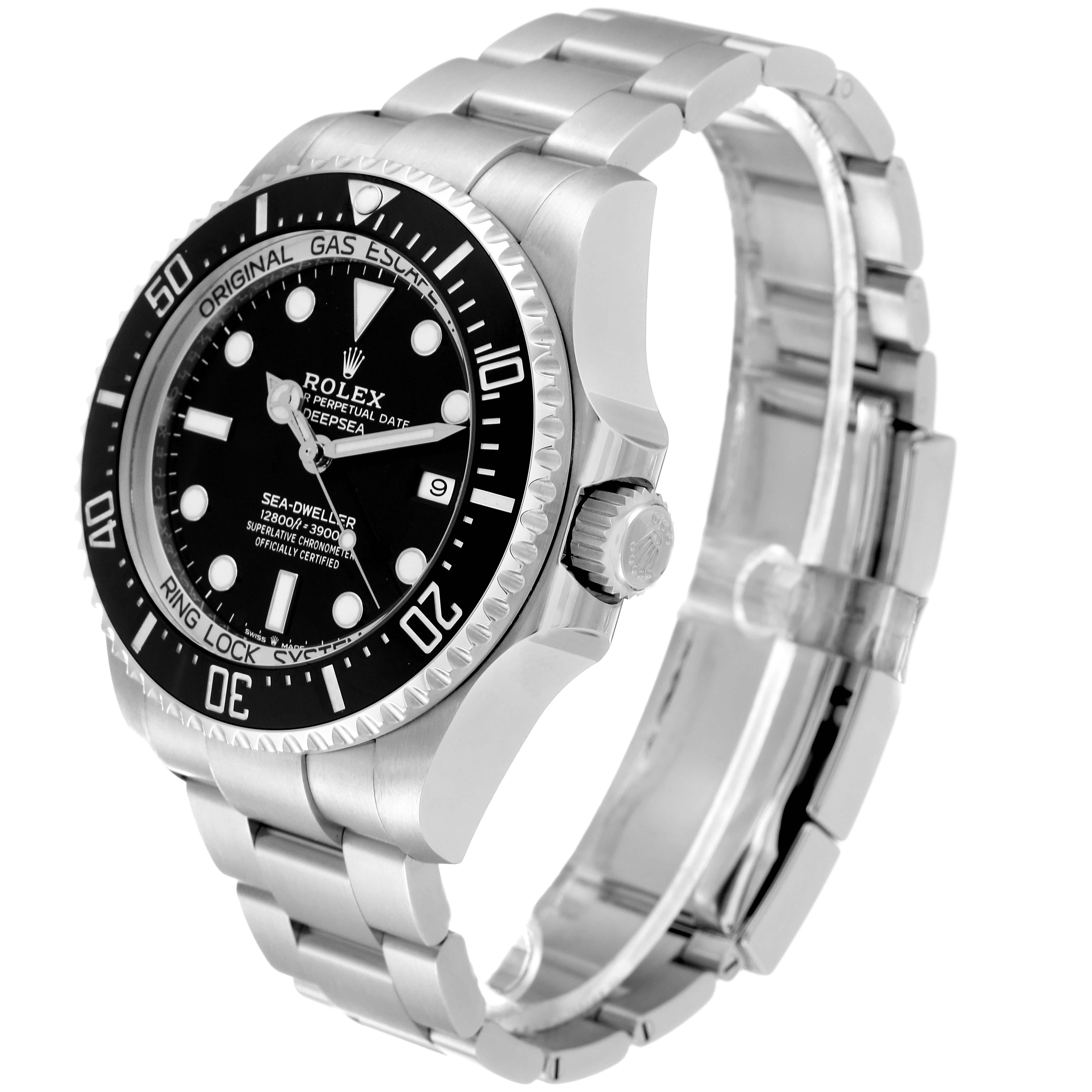 Rolex Seadweller Deepsea 44 Black Dial Steel Mens Watch 126660 Box Card. Officially certified chronometer automatic self-winding movement. Stainless steel oyster case 44 mm in diameter. Rolex logo on the crown. Special time-lapse unidirectional