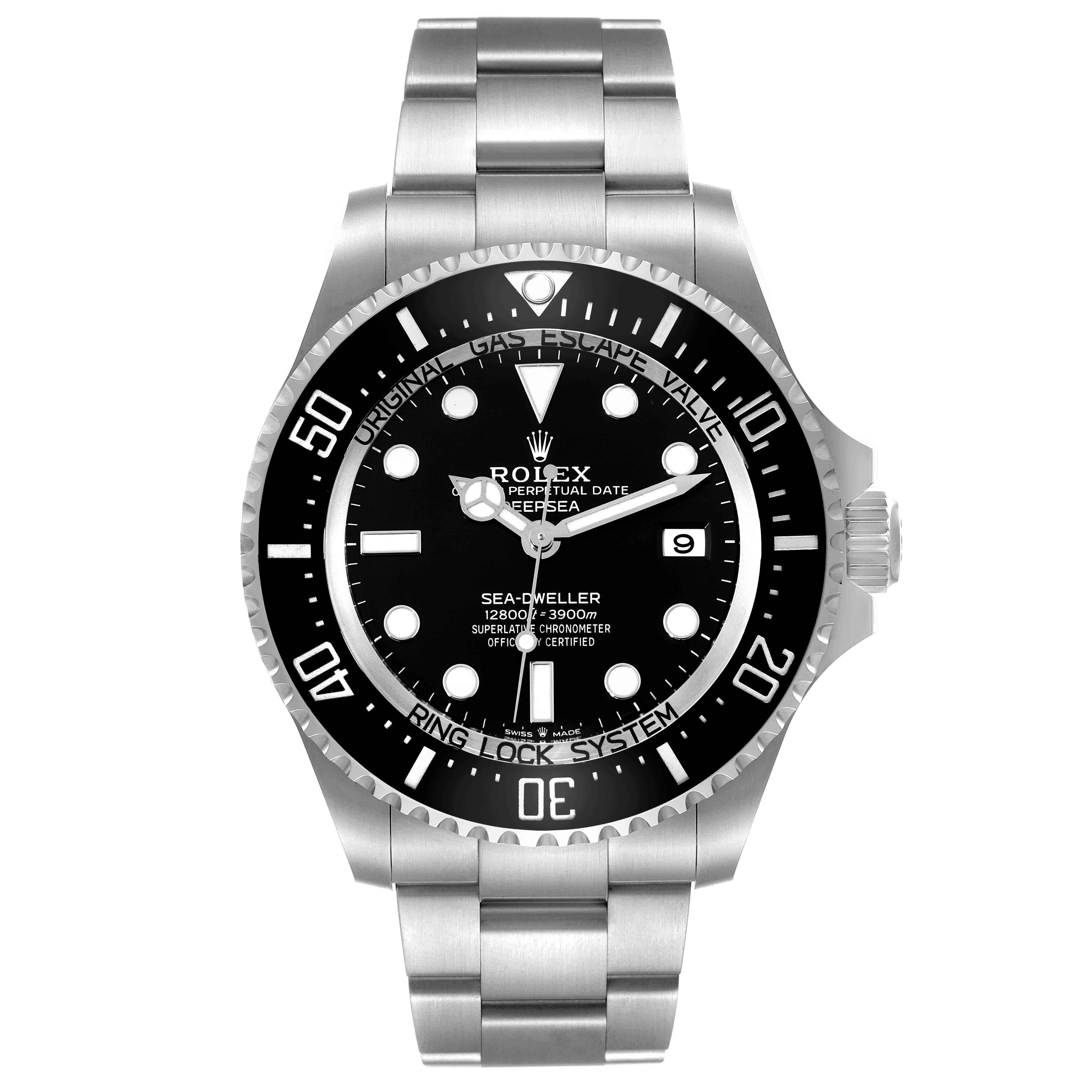Rolex Seadweller Deepsea 44 Black Dial Steel Mens Watch 136660 Unworn. Officially certified chronometer automatic self-winding movement. Stainless steel oyster case 44 mm in diameter. Rolex logo on the crown. Special time-lapse unidirectional