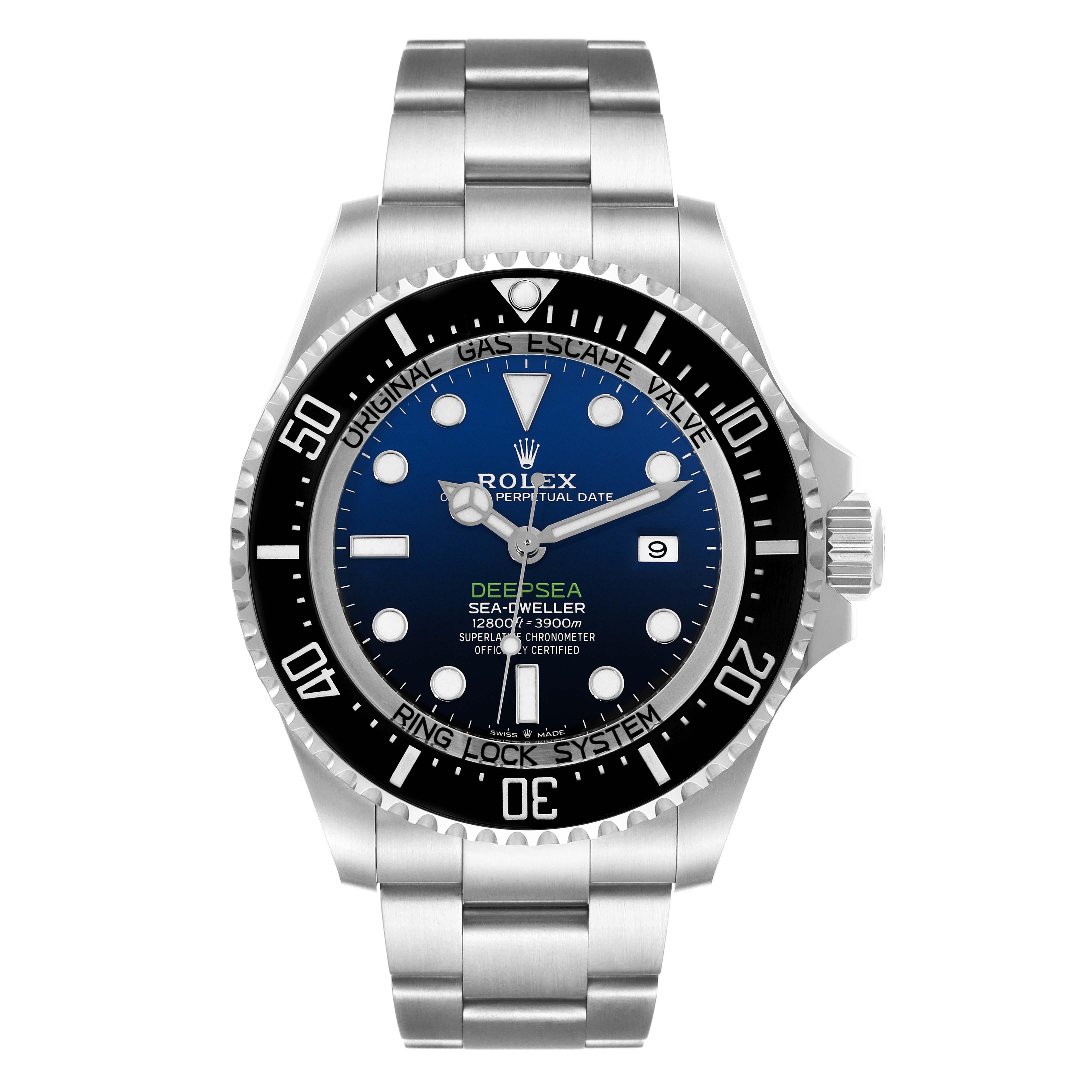 Rolex Seadweller Deepsea 44 Cameron D-Blue Dial Mens Watch 126660 Box Card. Officially certified chronometer automatic self-winding movement. Stainless steel oyster case 44 mm in diameter. Rolex logo on the crown. Special time-lapse unidirectional