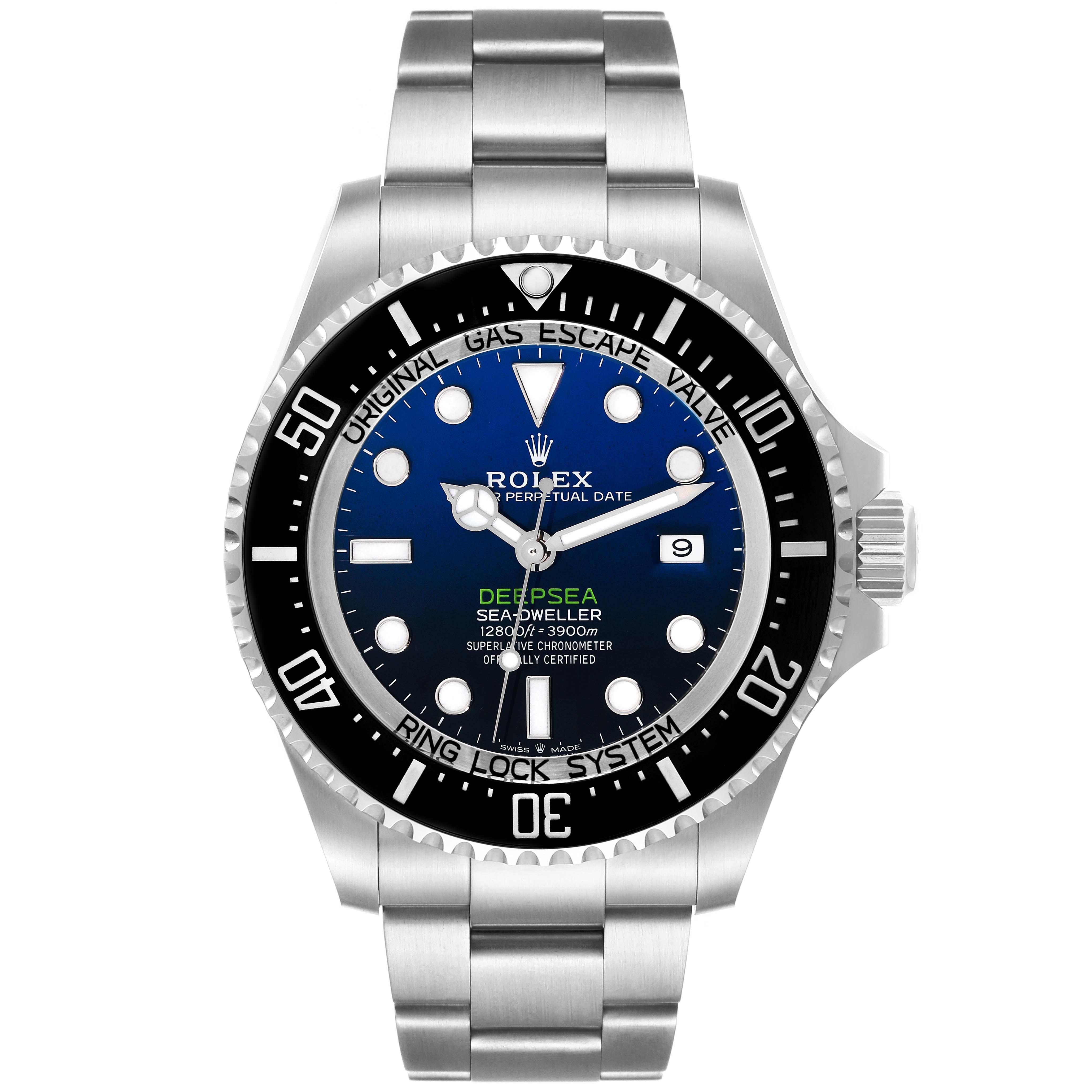 Rolex Seadweller Deepsea 44 Cameron D-Blue Dial Steel Mens Watch 126660 Box Card. Officially certified chronometer automatic self-winding movement. Stainless steel oyster case 44 mm in diameter. Rolex logo on the crown. Special time-lapse