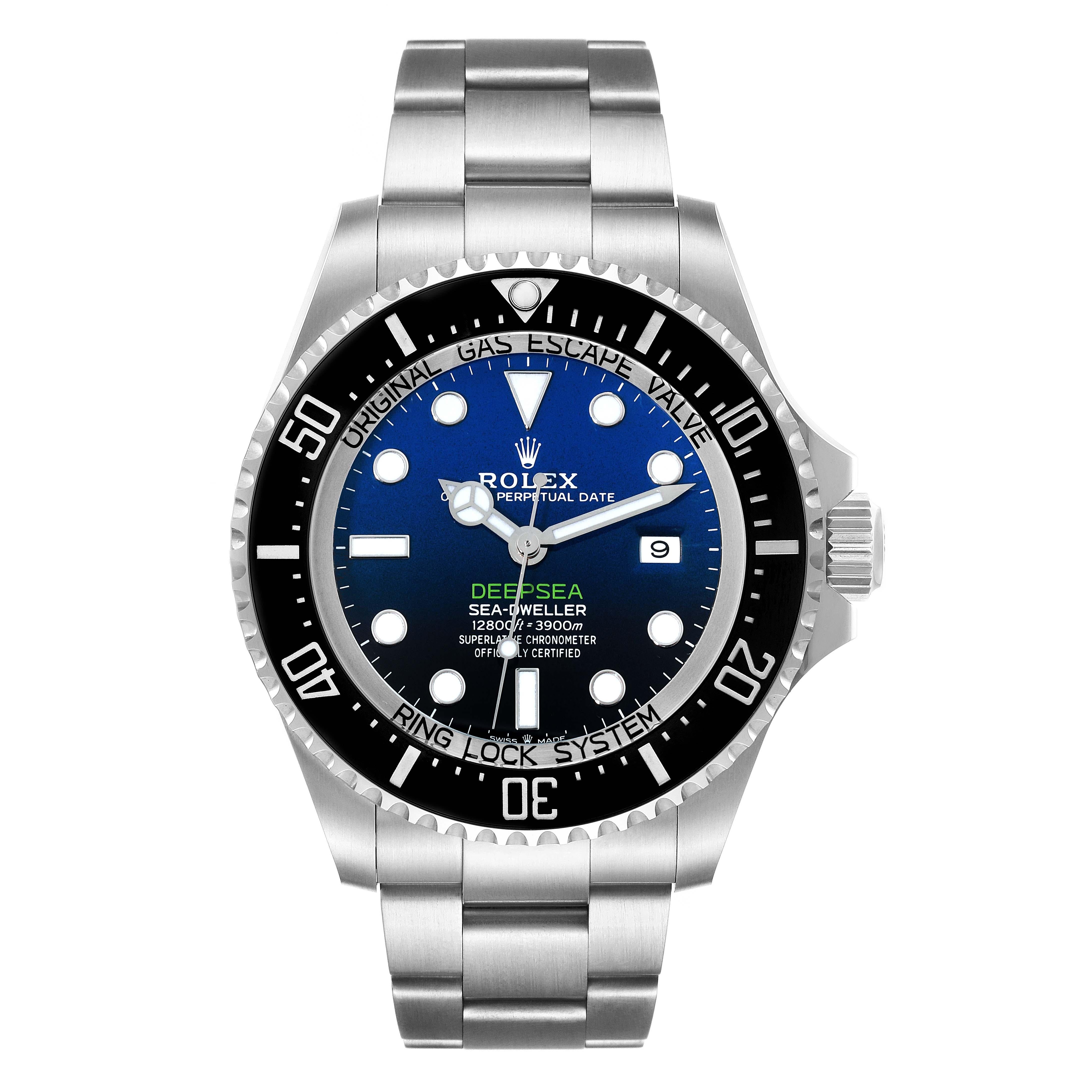 Rolex Seadweller Deepsea 44 Cameron D-Blue Dial Steel Mens Watch 126660 Box Card. Officially certified chronometer automatic self-winding movement. Stainless steel oyster case 44 mm in diameter. Rolex logo on the crown. Special time-lapse