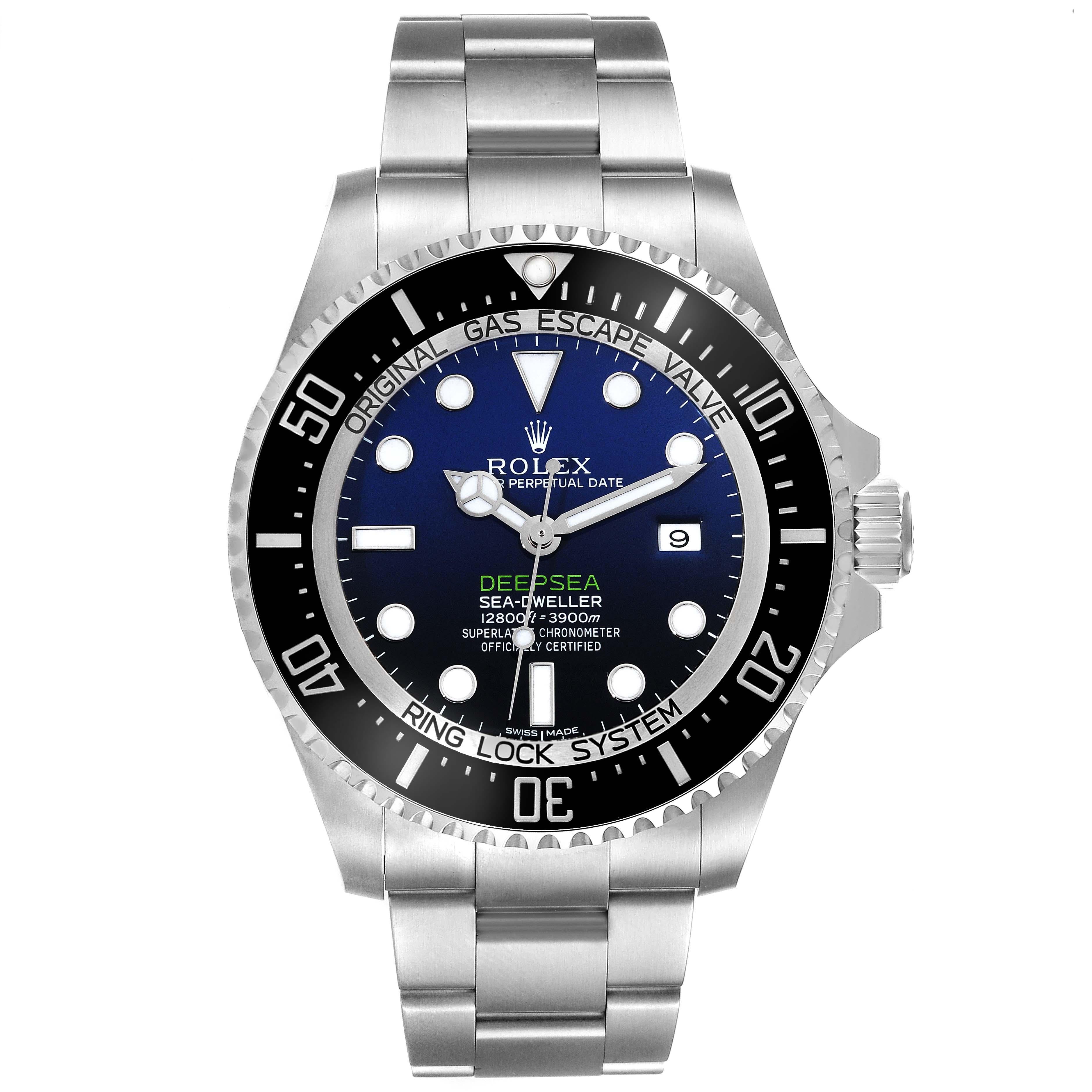 Rolex Seadweller Deepsea Cameron D-Blue Steel Mens Watch 116660 Box Card. Officially certified chronometer automatic self-winding movement. Stainless steel oyster case 44.0 mm in diameter. Rolex logo on a crown. Special time-lapse unidirectional