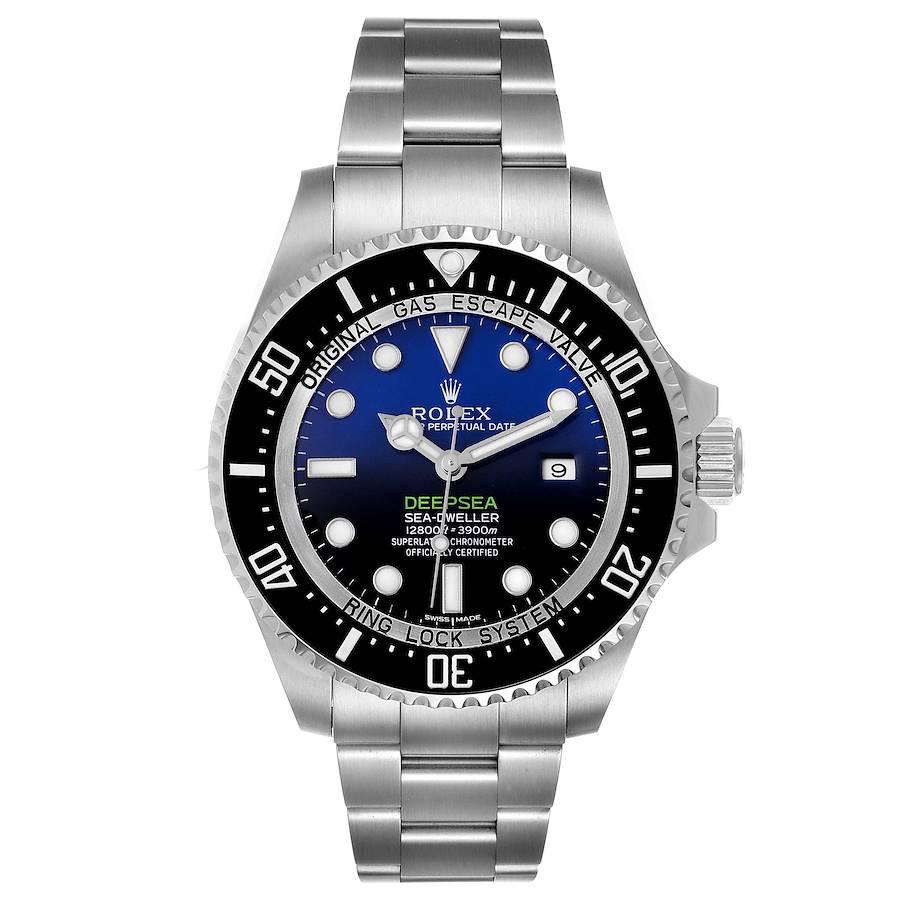 Rolex Seadweller Deepsea Cameron D-Blue Steel Watch 116660 Box Card. Officially certified chronometer self-winding movement. Stainless steel oyster case 44.0 mm in diameter. Rolex logo on a crown. Special time-lapse unidirectional rotating Cerachrom