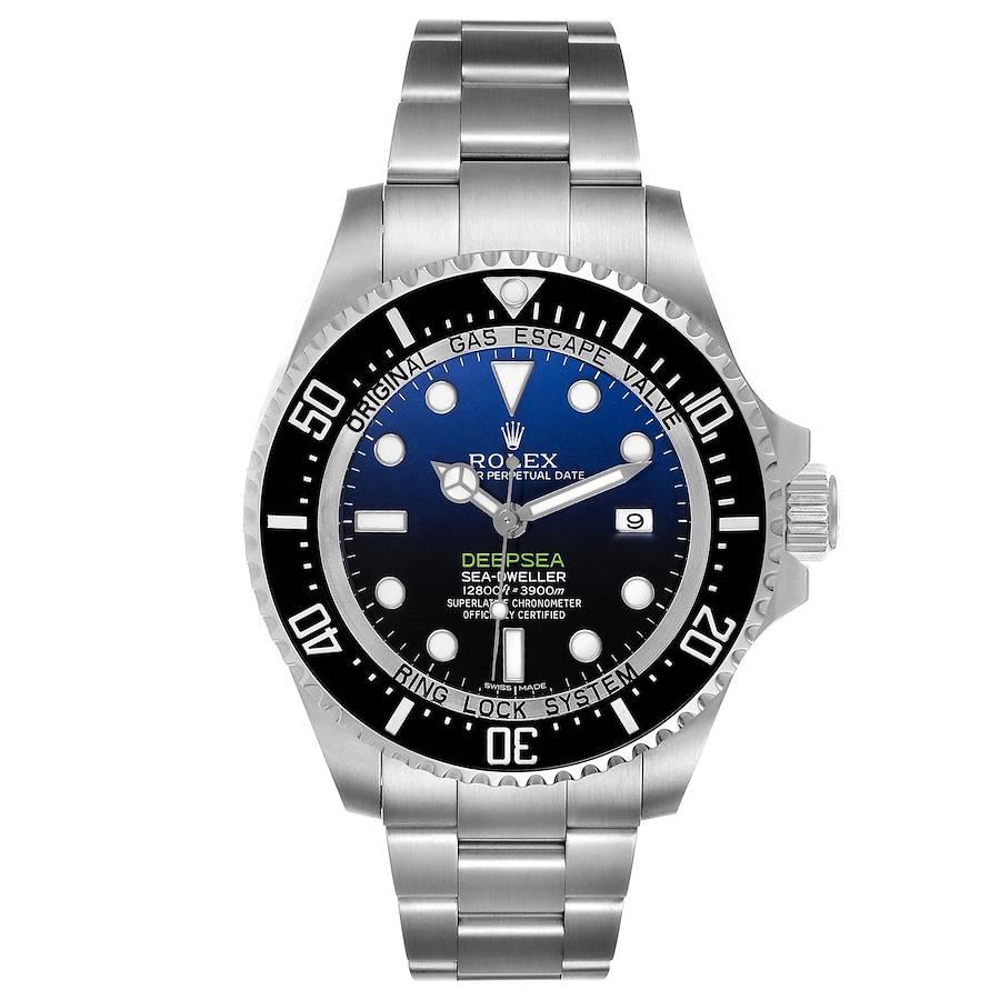 Rolex Seadweller Deepsea Cameron D-Blue Steel Watch 116660 Box Card. Officially certified chronometer self-winding movement. Stainless steel oyster case 44.0 mm in diameter. Rolex logo on a crown. Special time-lapse unidirectional rotating Cerachrom