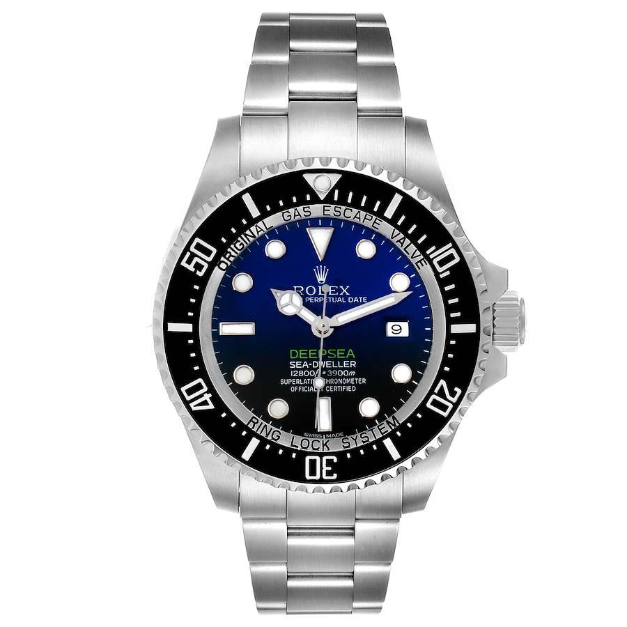 Rolex Seadweller Deepsea Cameron D-Blue Steel Watch 116660 Box Card. Officially certified chronometer self-winding movement. Stainless steel oyster case 44.0 mm in diameter. Rolex logo on a crown. Special time-lapse unidirectional rotating Cerachrom