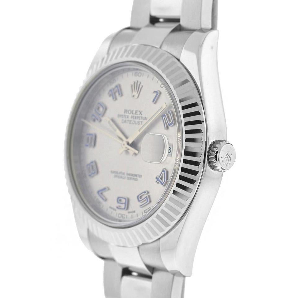 Rolex Silver 116334 Datejust II Rhodium Arabic Dial White Gold Fluted Watch In Excellent Condition In Boca Raton, FL