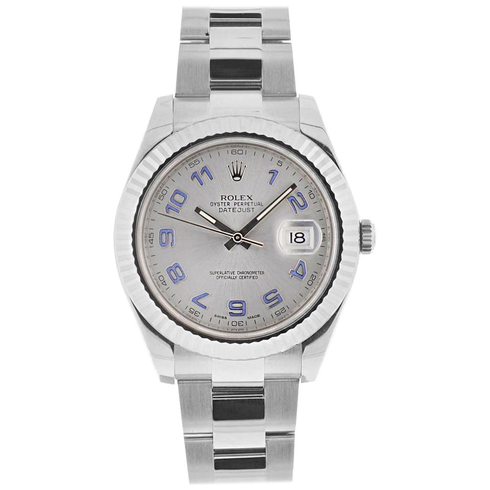 Rolex Silver 116334 Datejust II Rhodium Arabic Dial White Gold Fluted Watch