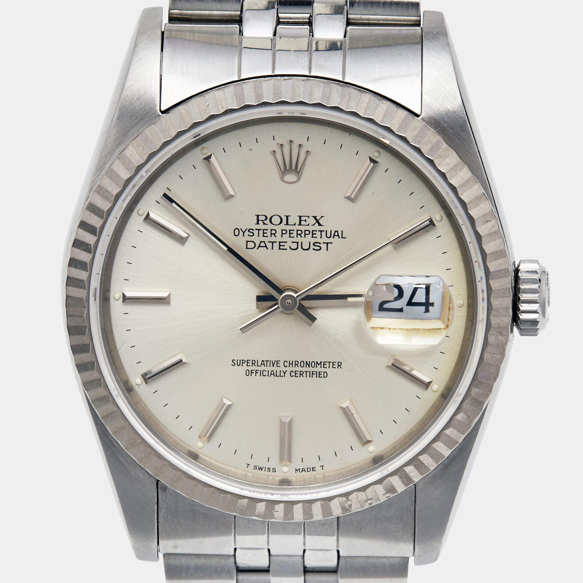 Rolex Silver 18k White Gold Stainless Steel Datejust 16234 Men's Wristwatch 36 m For Sale 2
