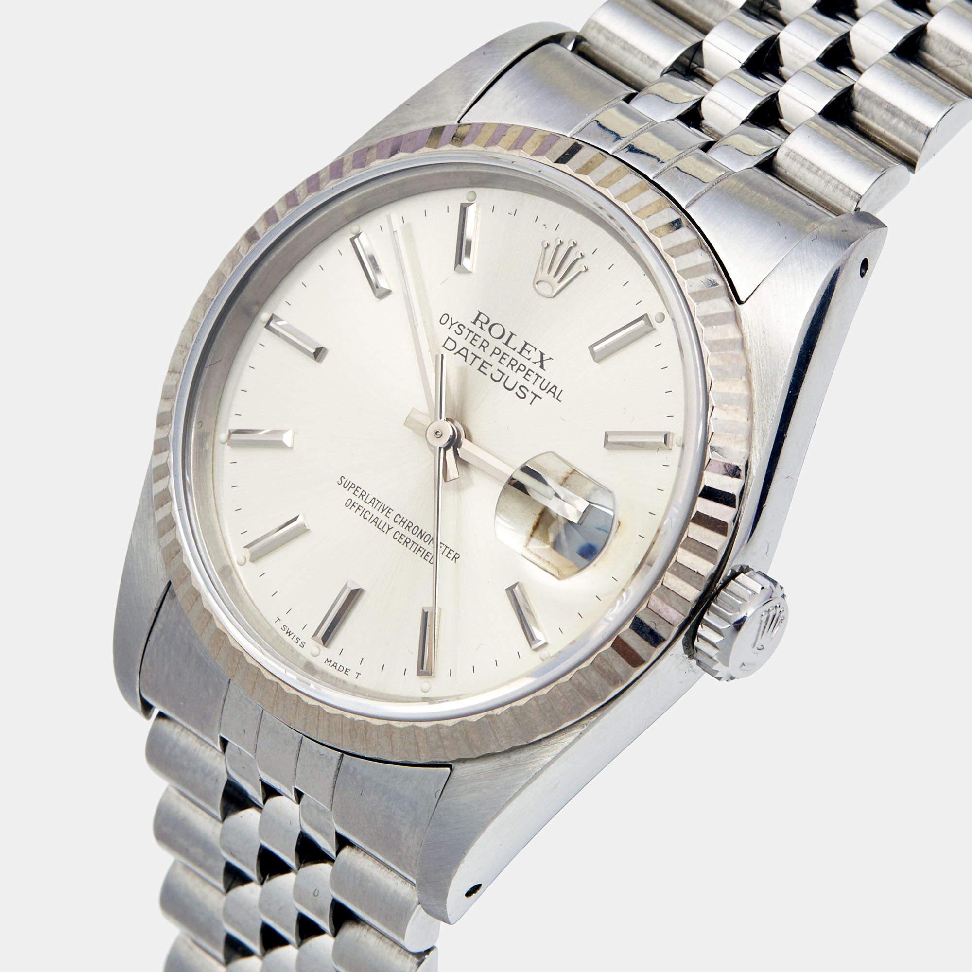 Rolex Silver 18k White Gold Stainless Steel Datejust 16234 Men's Wristwatch 36 m For Sale 3