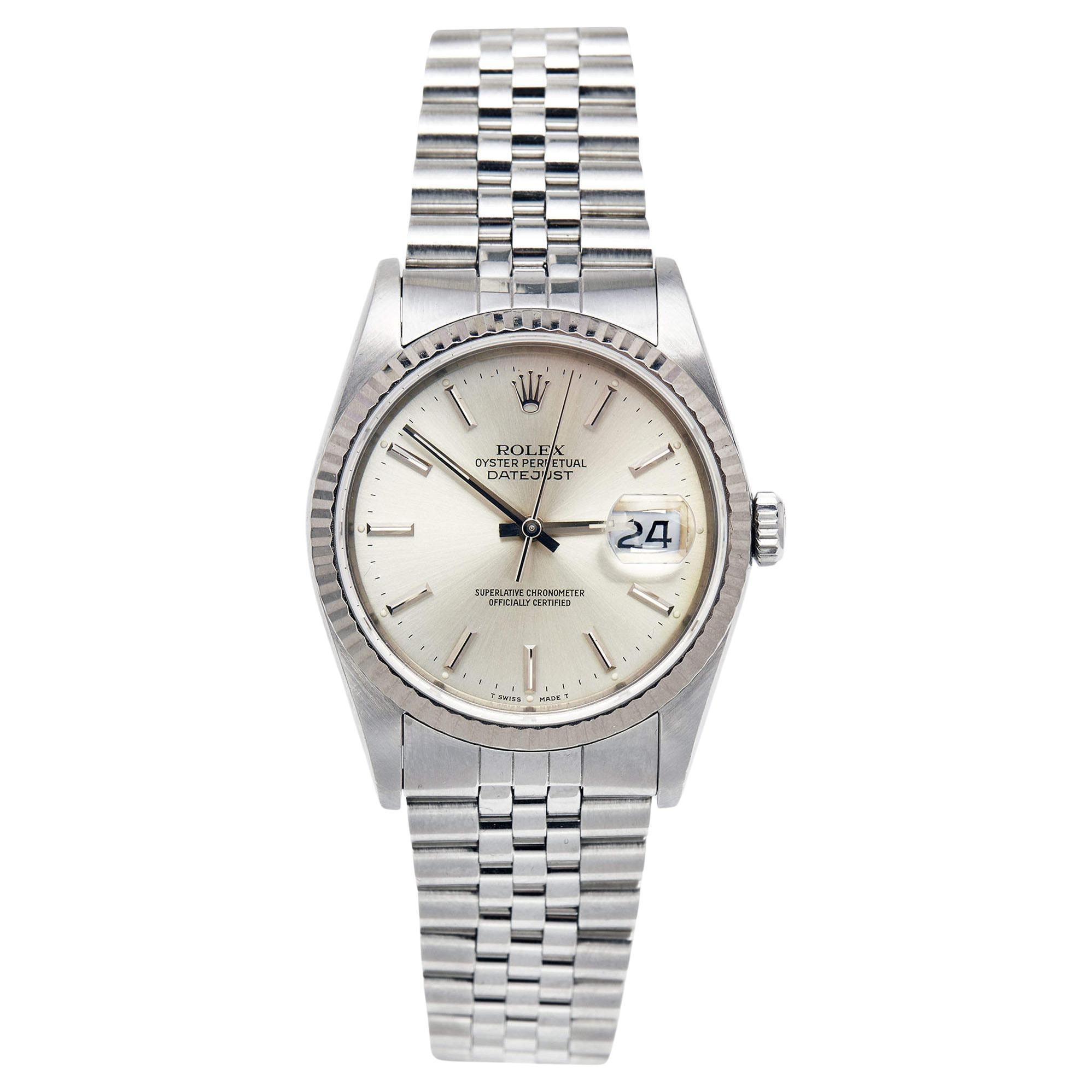 Rolex Silver 18k White Gold Stainless Steel Datejust 16234 Men's Wristwatch 36 m For Sale