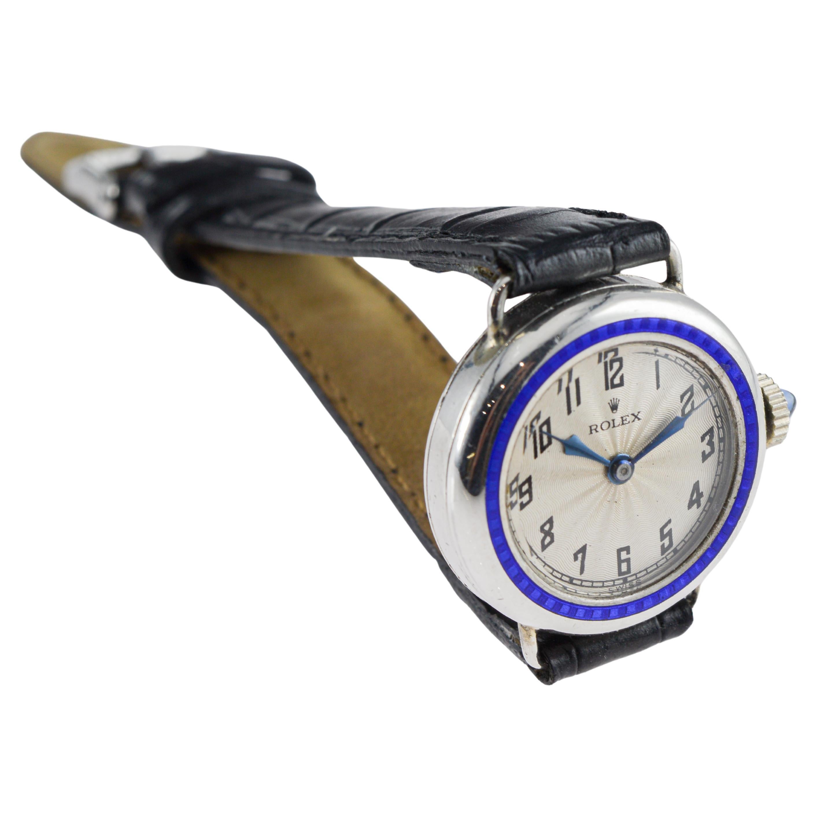 Rolex Silver Art Deco Orologio da donna del 1915 circa con lunetta in smalto cotto in forno in vendita 4