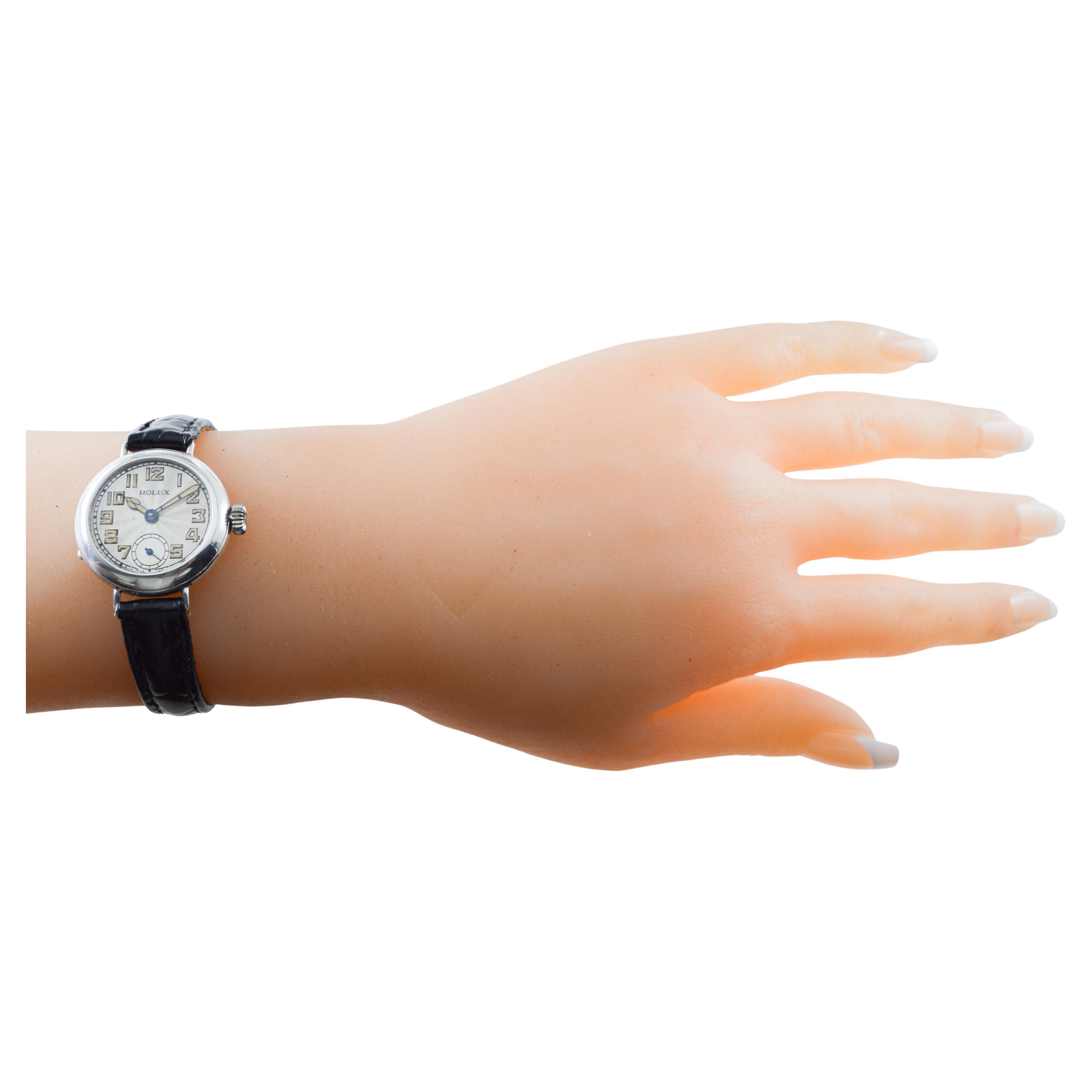 Rolex Silver Campaign Style Ladies Watch with Breguet Engine Turned Dial 1916 For Sale 14