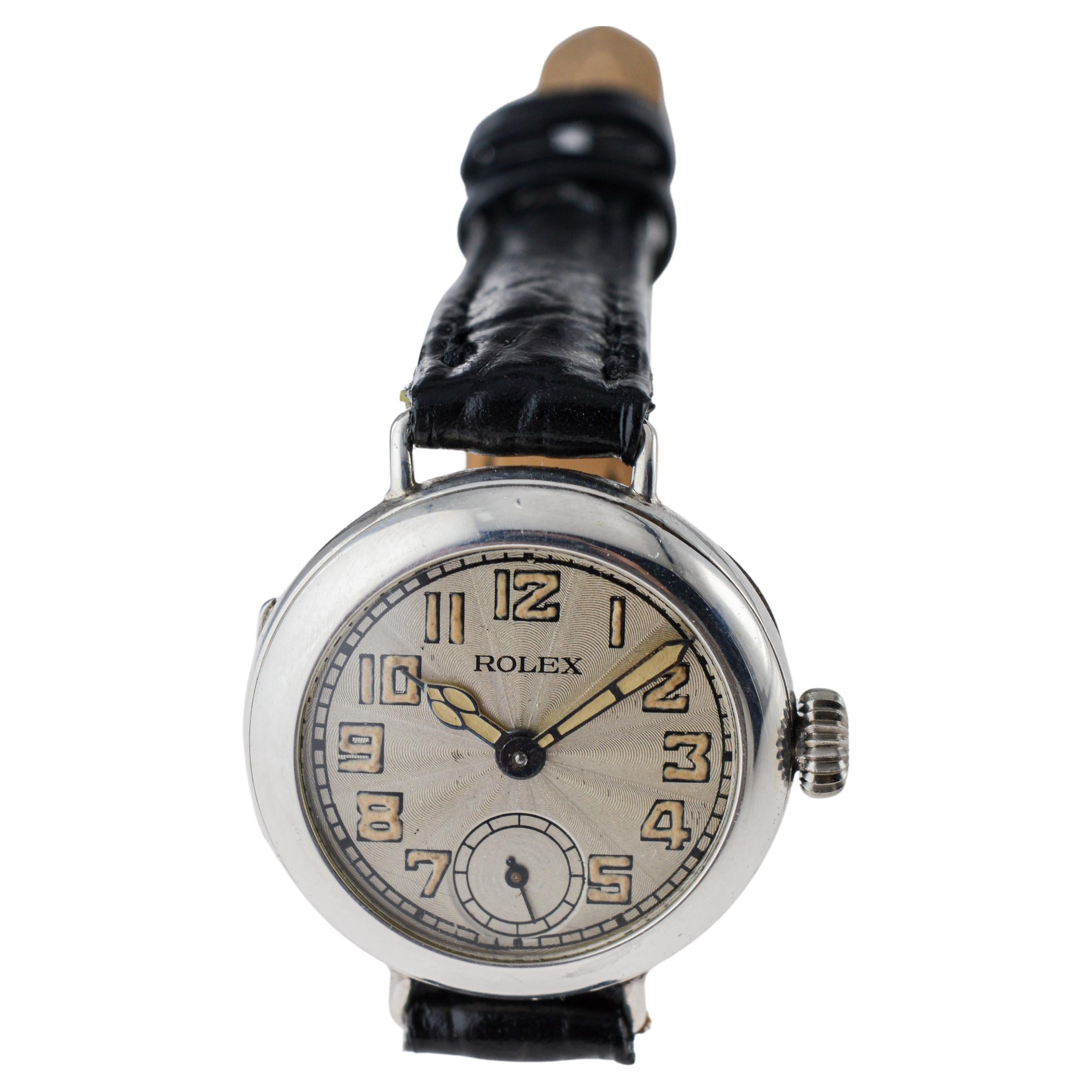 Rolex Silver Campaign Style Ladies Watch with Breguet Engine Turned Dial 1916 For Sale 5