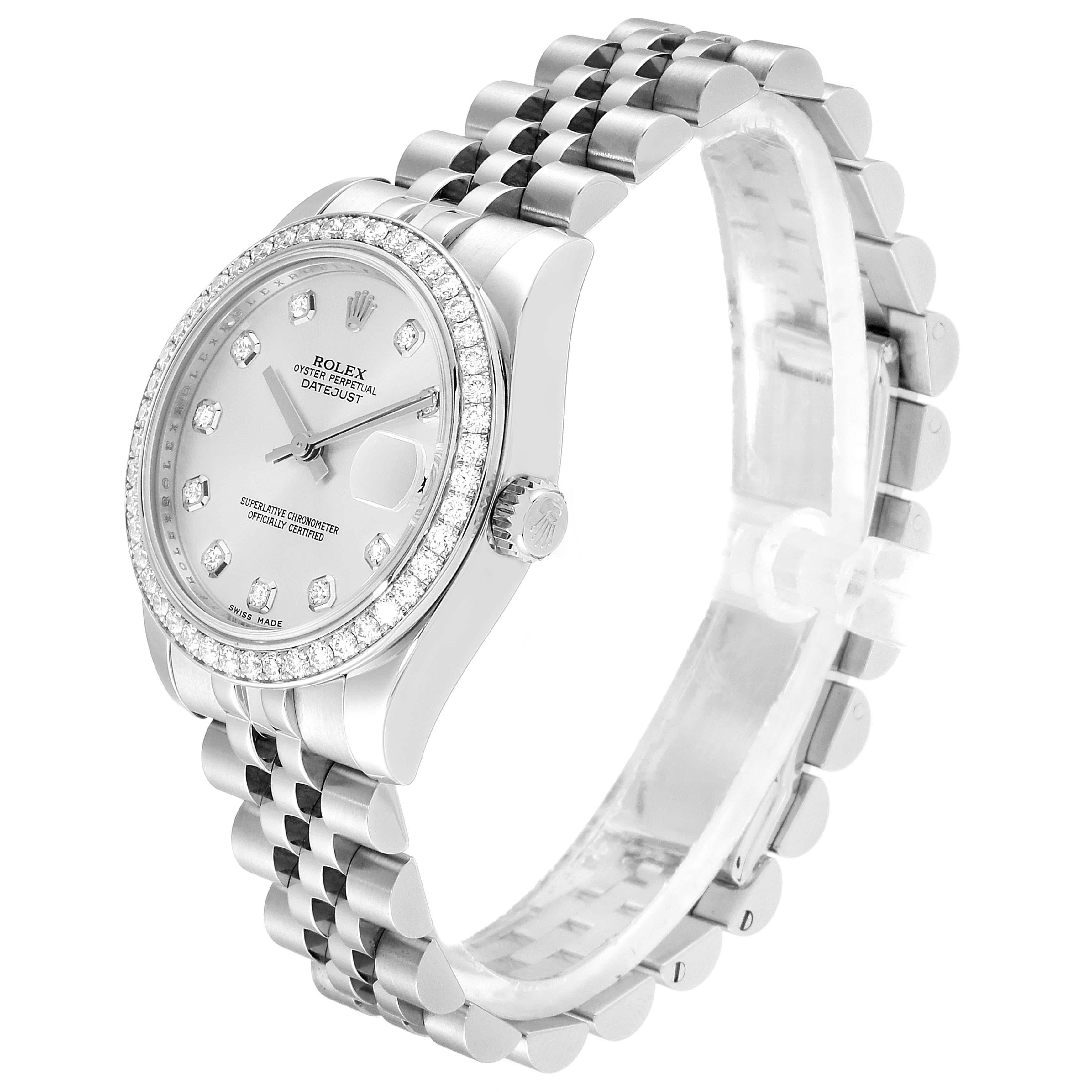 Be humble with this wristwatch from Rolex. The watch has a round stainless steel case and an 18k white gold bezel set with diamonds. It encases a silver dial that features raised sparkling diamond indices as hour-markers, a date window, and steel