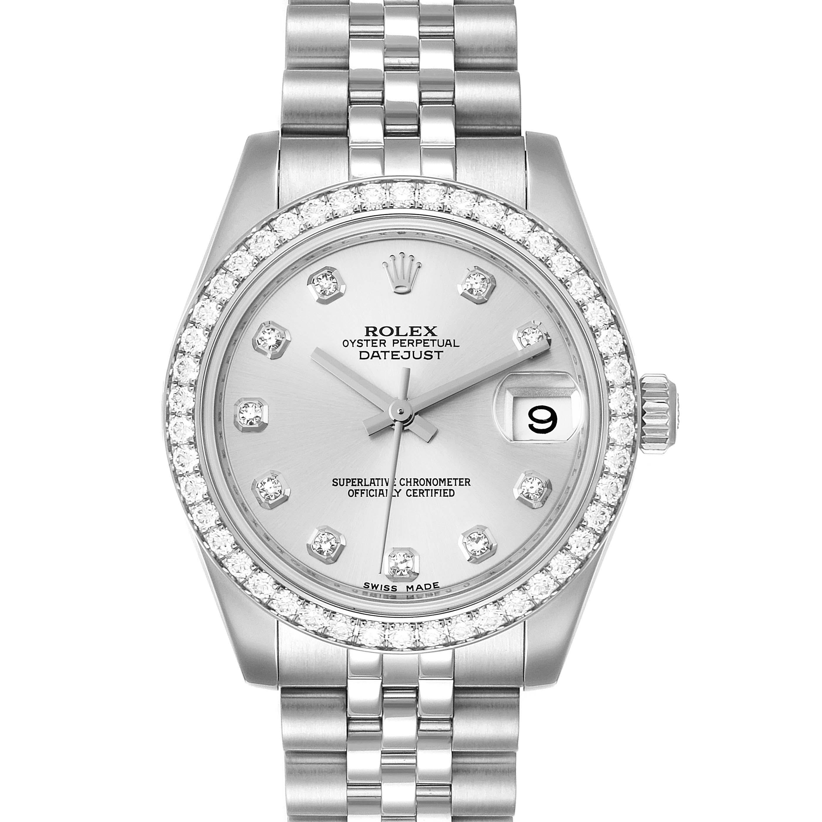 Contemporary Rolex Silver Diamonds 18K White Gold Datejust 178384 Women's Wristwatch 31 MM