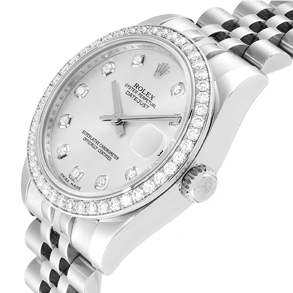 Antique Cushion Cut Rolex Silver Diamonds 18K White Gold Datejust Women's Wristwatch 31 MM