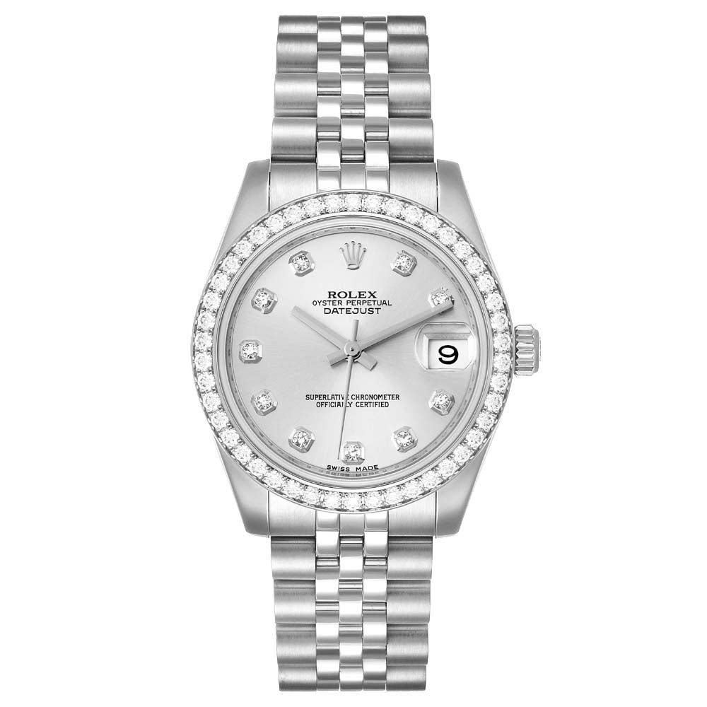 Rolex Silver Diamonds 18K White Gold Datejust Women's Wristwatch 31 MM