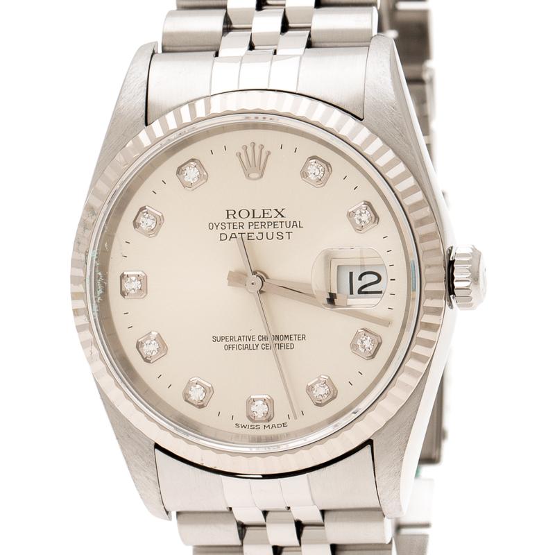 Contemporary Rolex Silver Stainless Steel Diamond Datejust 16234 Men's Wristwatch 35 mm