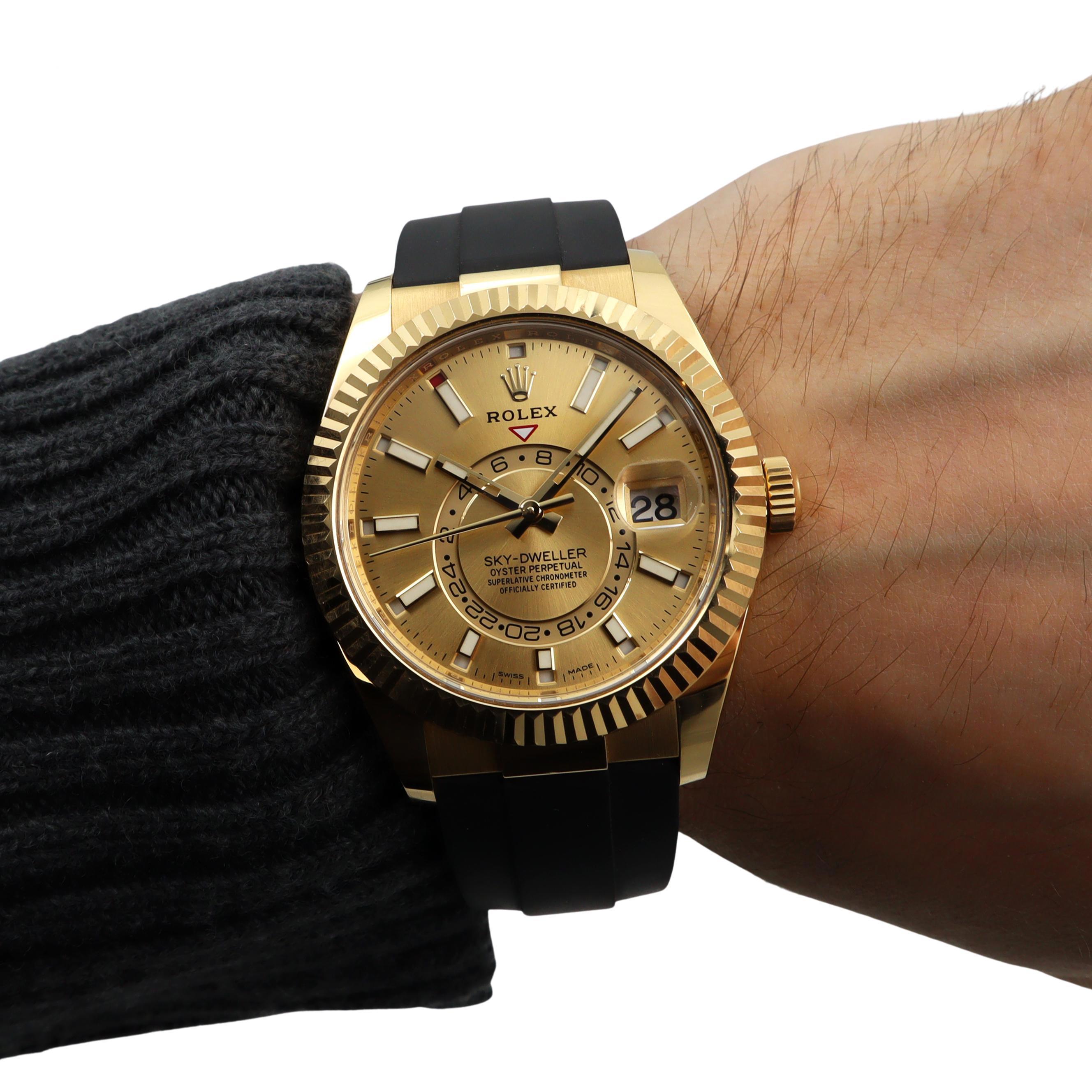 Men's Rolex Sky-Dweller 18k Gold Oyster Flex Champagne Index Dial Mens Watch 326238 For Sale