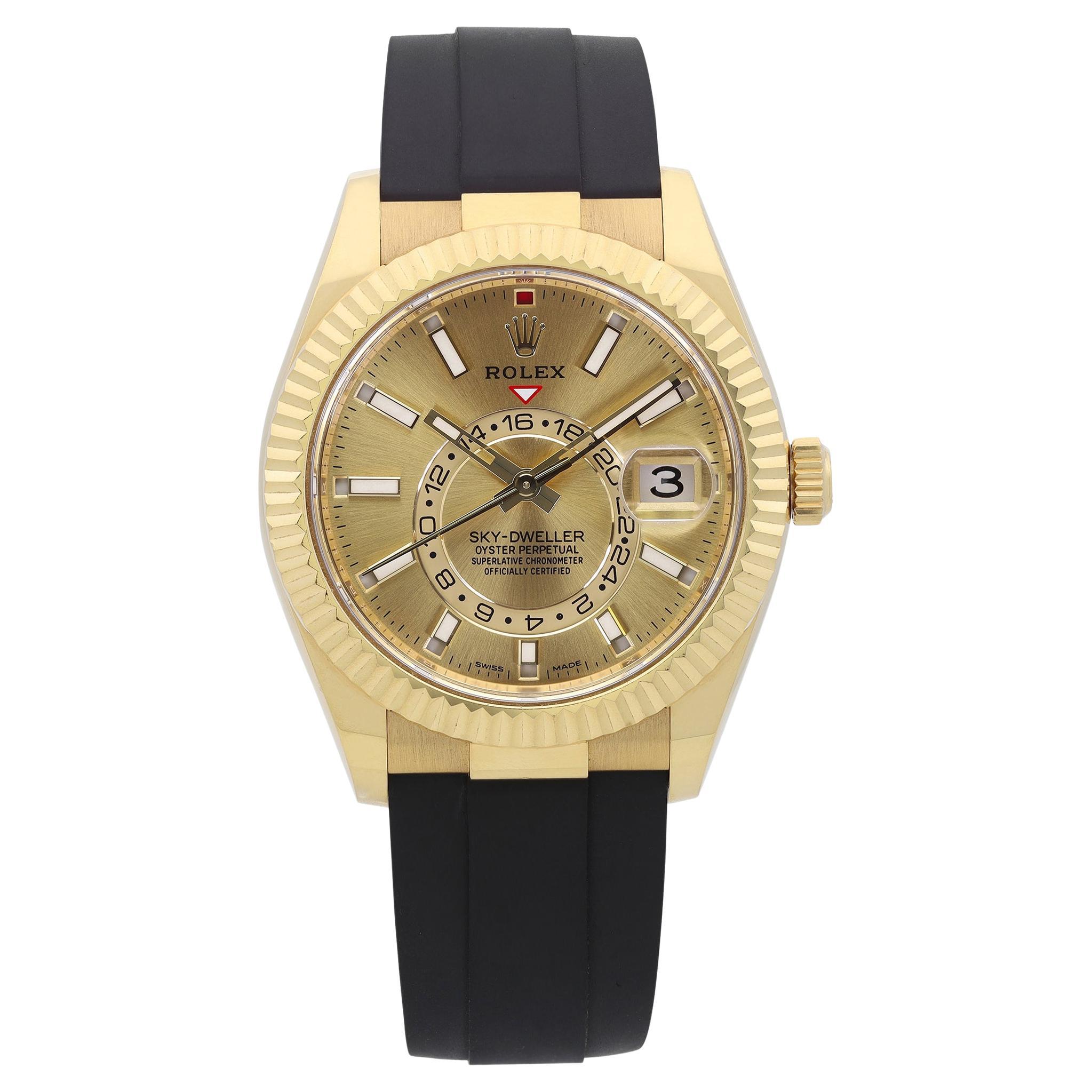 Rolex Sky-Dweller 18k Gold Oyster Flex Champagne Index Dial Mens Watch 326238 For Sale