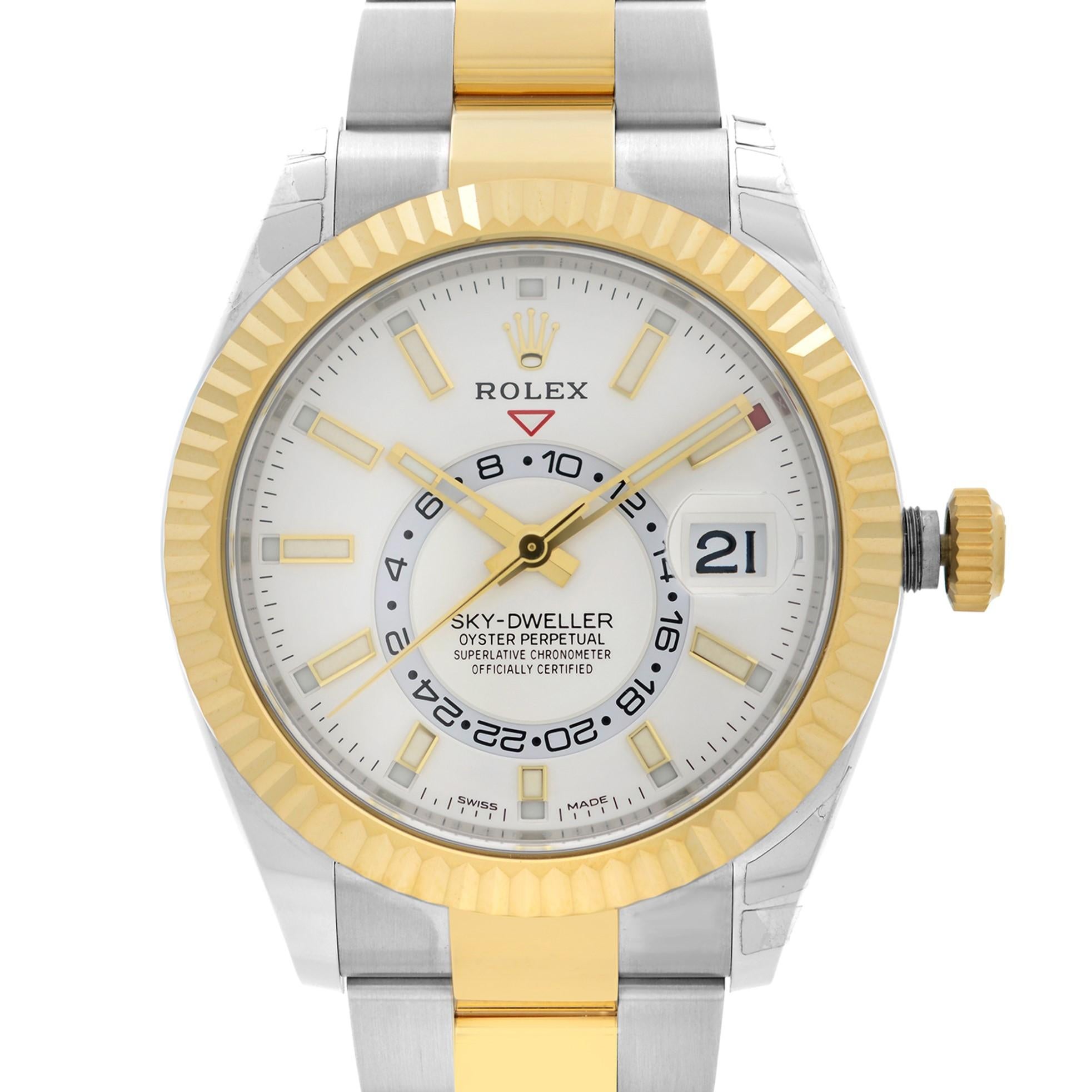 Rolex Oyster Perpetual Sky-Dweller 18K Yellow Gold Steel Men's Watch 326933WSO. This Beautiful Timepiece Features: Stainless Steel Case with Stainless Steel and 18k Yellow Gold Rolex Oyster Bracelet; Fluted Ring Command 18k Yellow Gold Bezel; White