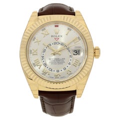 Used Rolex Sky Dweller 18kt Yellow Gold Silver Dial Brown Leather Mens Watch 326138