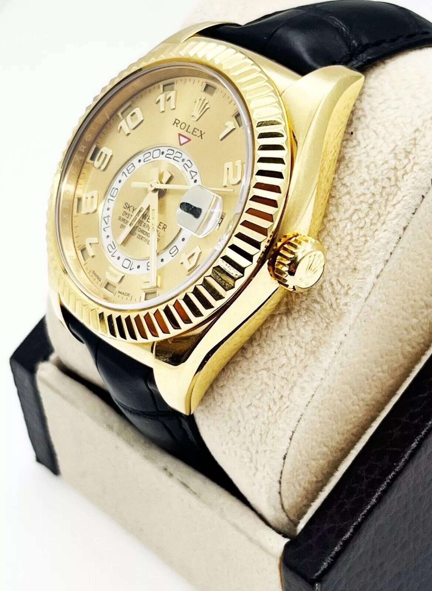 Men's Rolex Sky Dweller 326138 Champagne Dial 18K Yellow Gold Leather Box Paper For Sale
