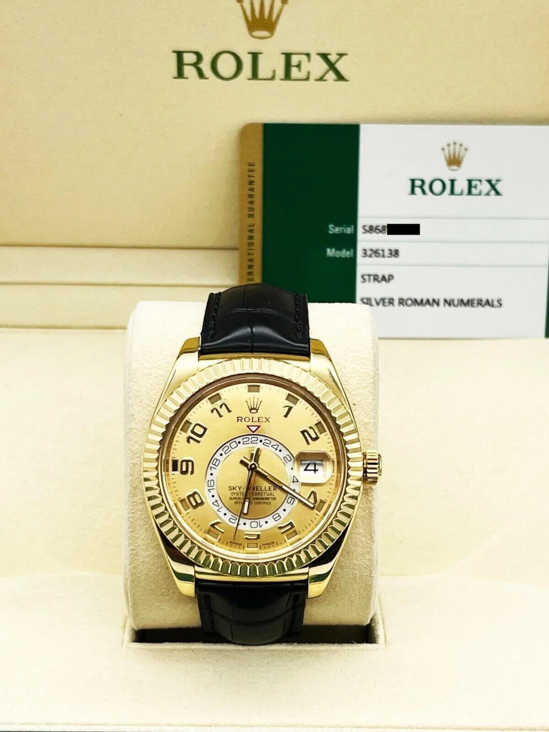 Rolex Sky Dweller 326138 Champagne Dial 18K Yellow Gold Leather Box Paper For Sale 1