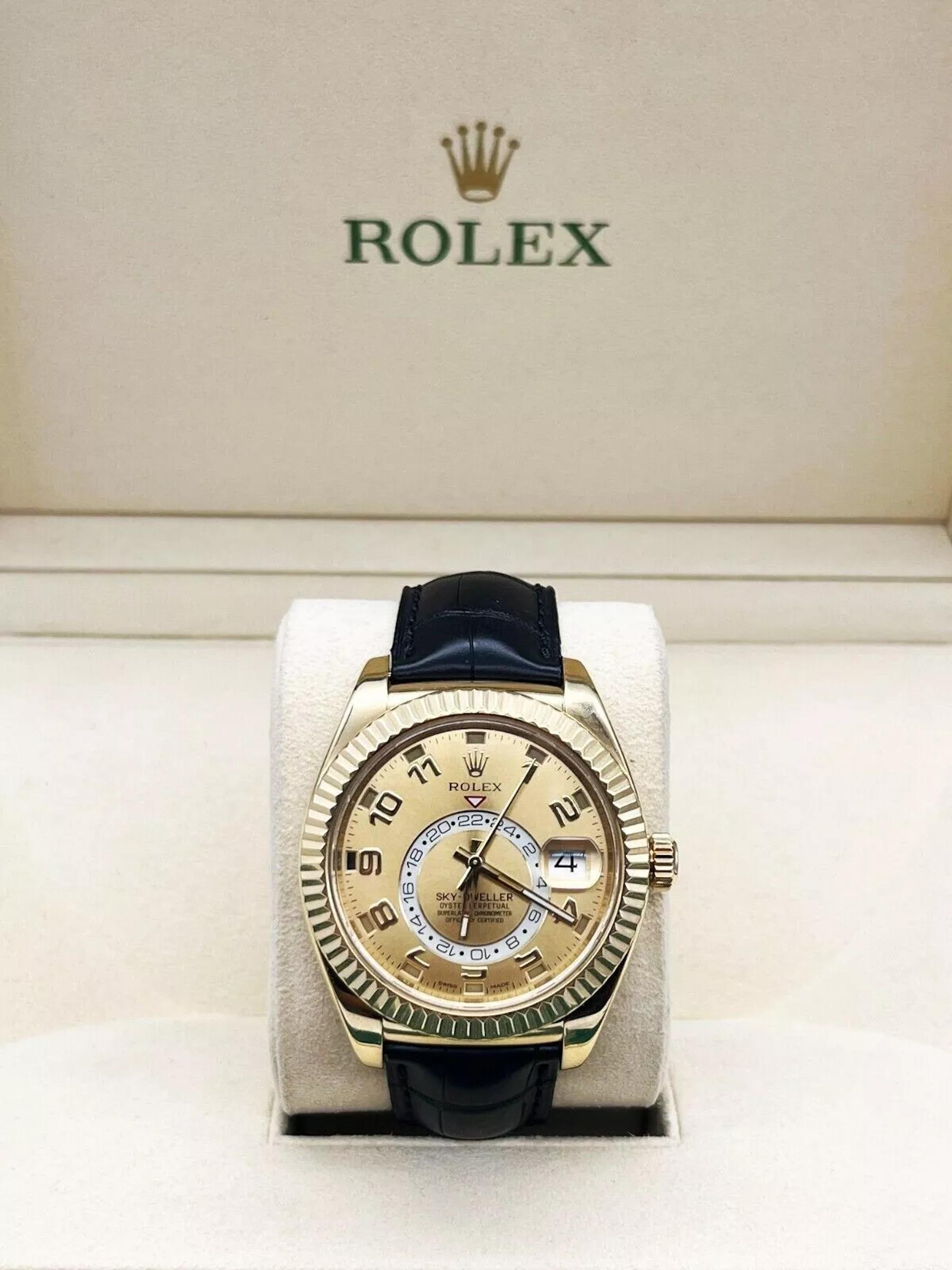 Rolex Sky Dweller 326138 Champagne Dial 18K Yellow Gold Leather Box Paper For Sale 3