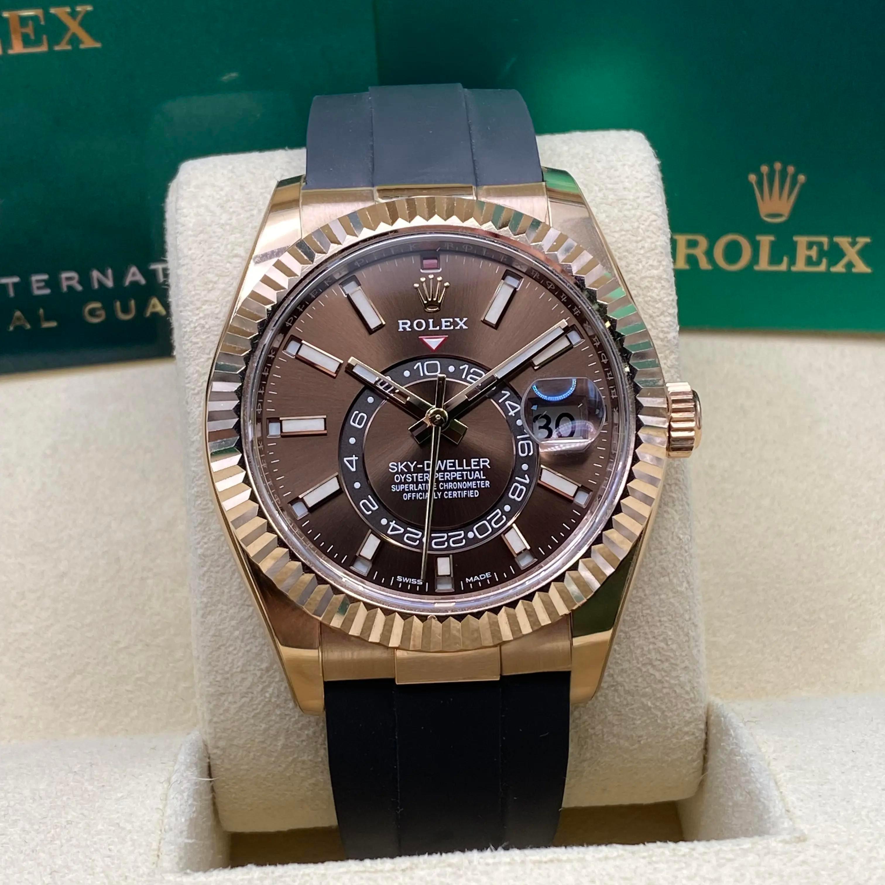 Rolex Sky-Dweller 326235 Rose Gold 42mm Chocolate Dial Automatic Watch B&P 2021 In Excellent Condition For Sale In New York, NY