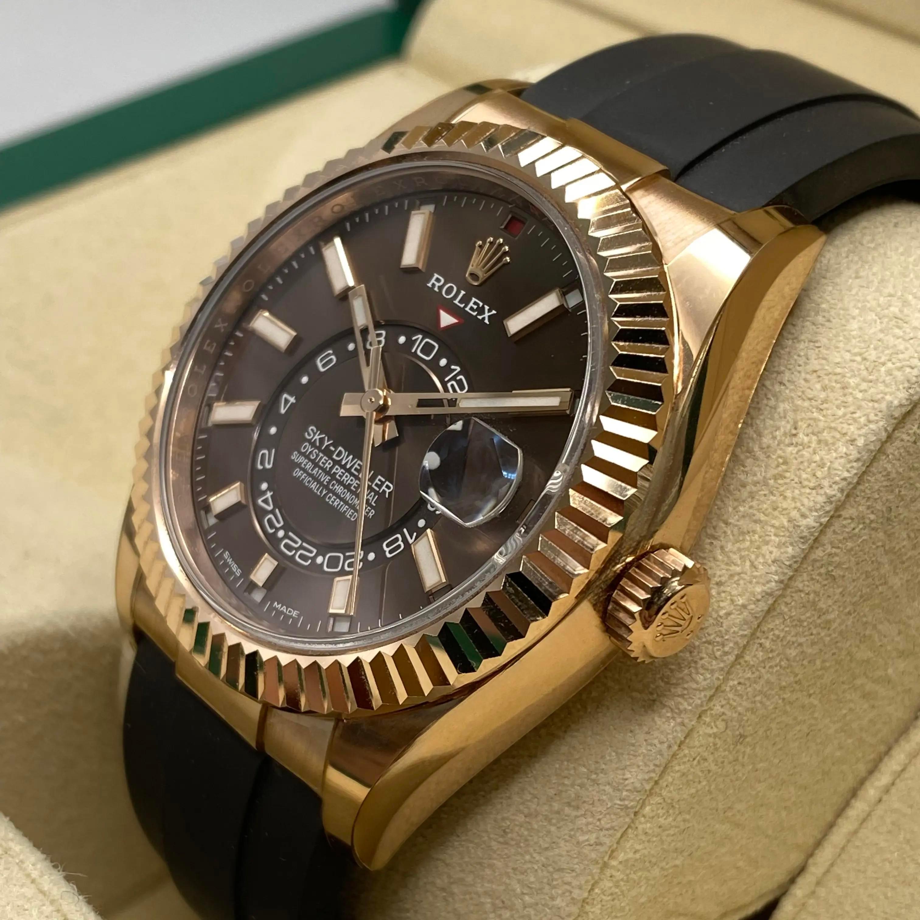Men's Rolex Sky-Dweller 326235 Rose Gold 42mm Chocolate Dial Automatic Watch B&P 2021 For Sale