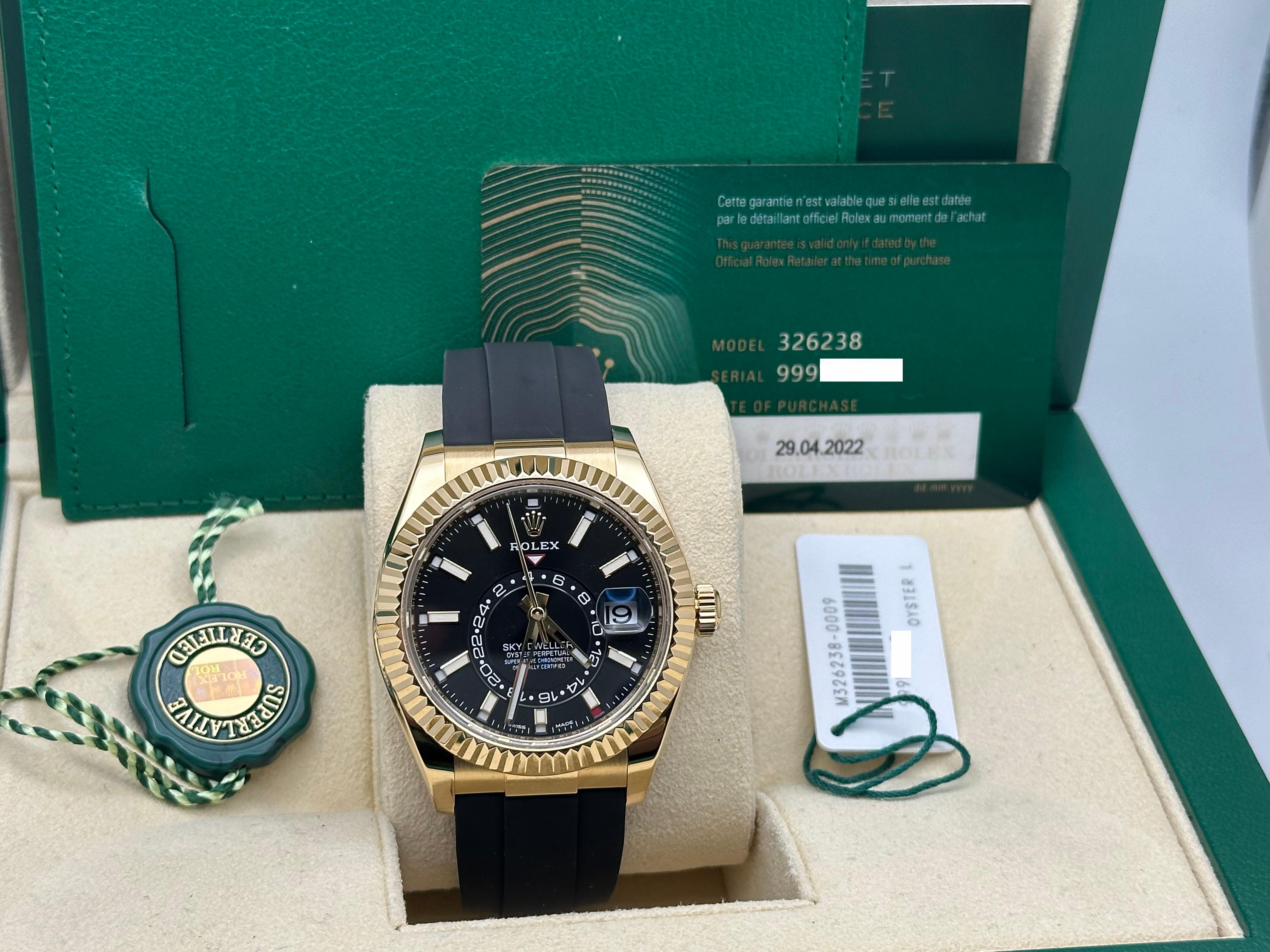 Rolex Sky Dweller 326238 Black Dial 18K Yellow Gold Oysterflex Band Box Paper In Excellent Condition For Sale In San Diego, CA