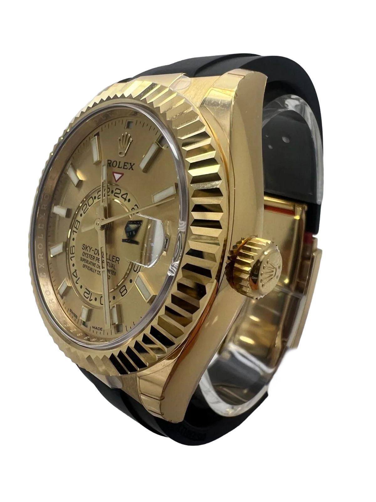 Introducing the exquisite Rolex Sky-Dweller 326238, a stunning piece crafted from luxurious yellow gold with a striking champagne dial. This watch, released in 2022, embodies the perfect blend of elegance and functionality, making it an ideal choice
