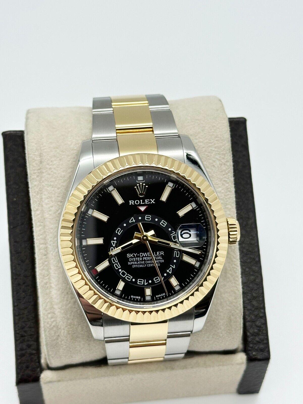 Rolex Sky Dweller 326933 42mm Black Dial 18K Yellow Gold Stainless Box Paper 1