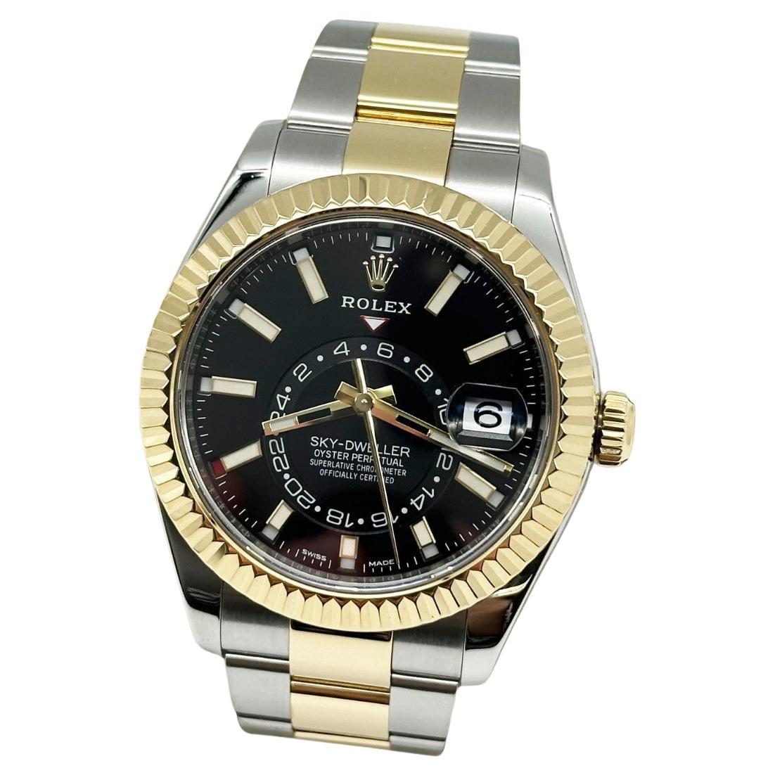 Rolex Sky Dweller 326933 42mm Black Dial 18K Yellow Gold Stainless Box Paper