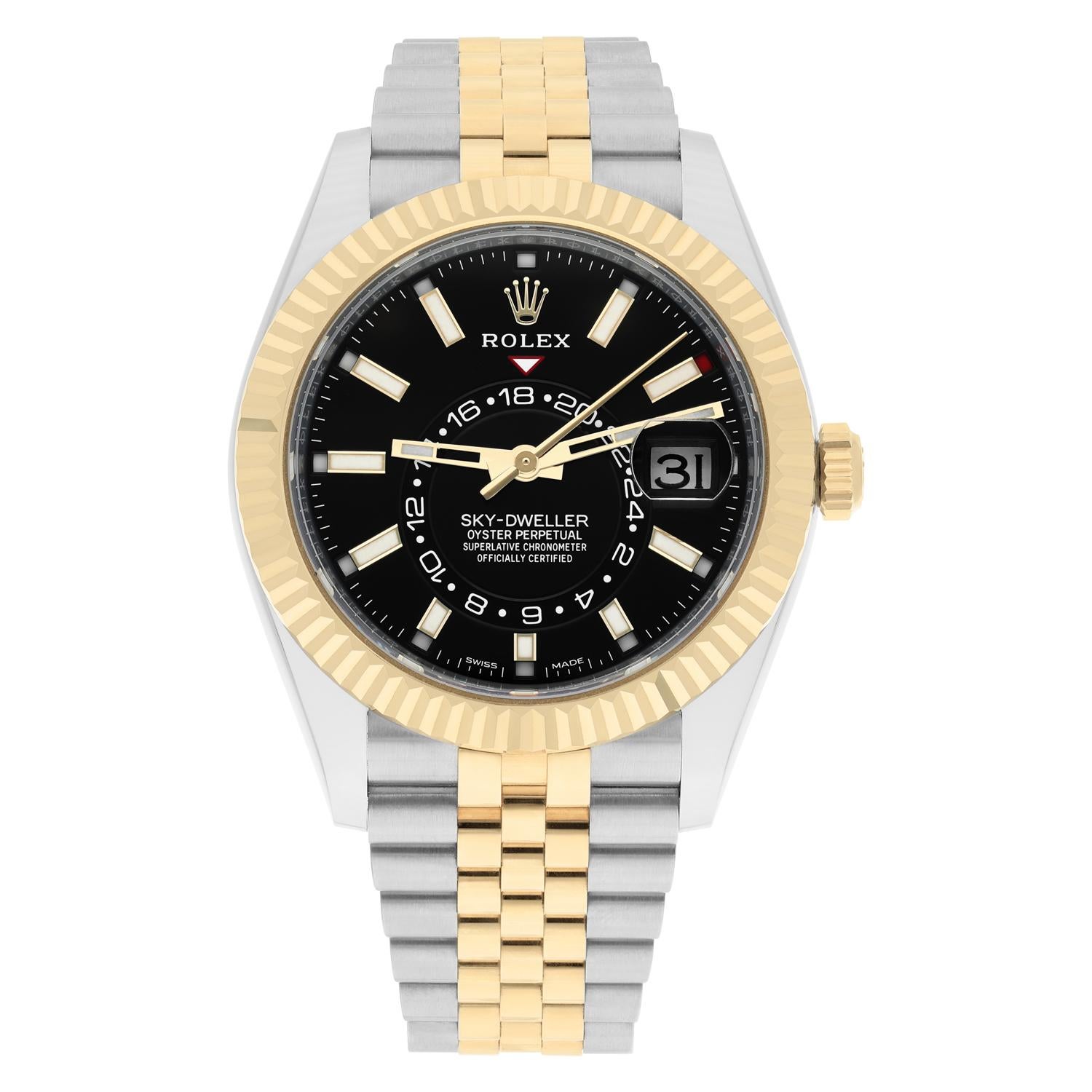 Rolex Sky-Dweller 326933 Stainless Steel/18K Yellow Gold Black Dial Jubilee MINT

Under Rolex international warranty to February 2027!

This 18ct gold & steel 42mm Sky-Dweller with black 'soleil' dial, is the most technically advanced complication