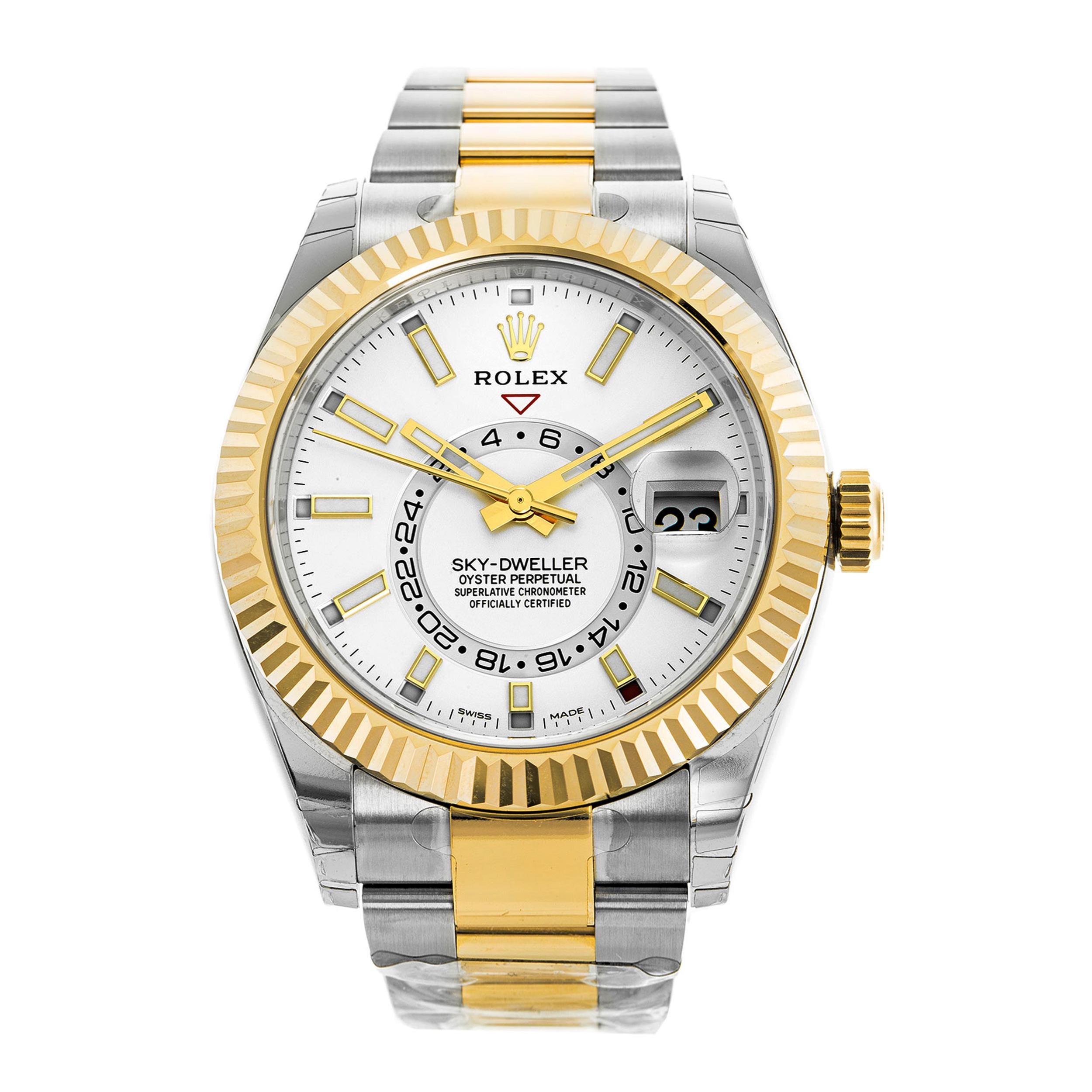 This brand new Rolex Sky-Dweller 326933  is a beautiful men's timepiece that is powered by an automatic movement which is cased in a stainless steel case. It has a round shape face, date dial and has hand sticks style markers. It is completed with a