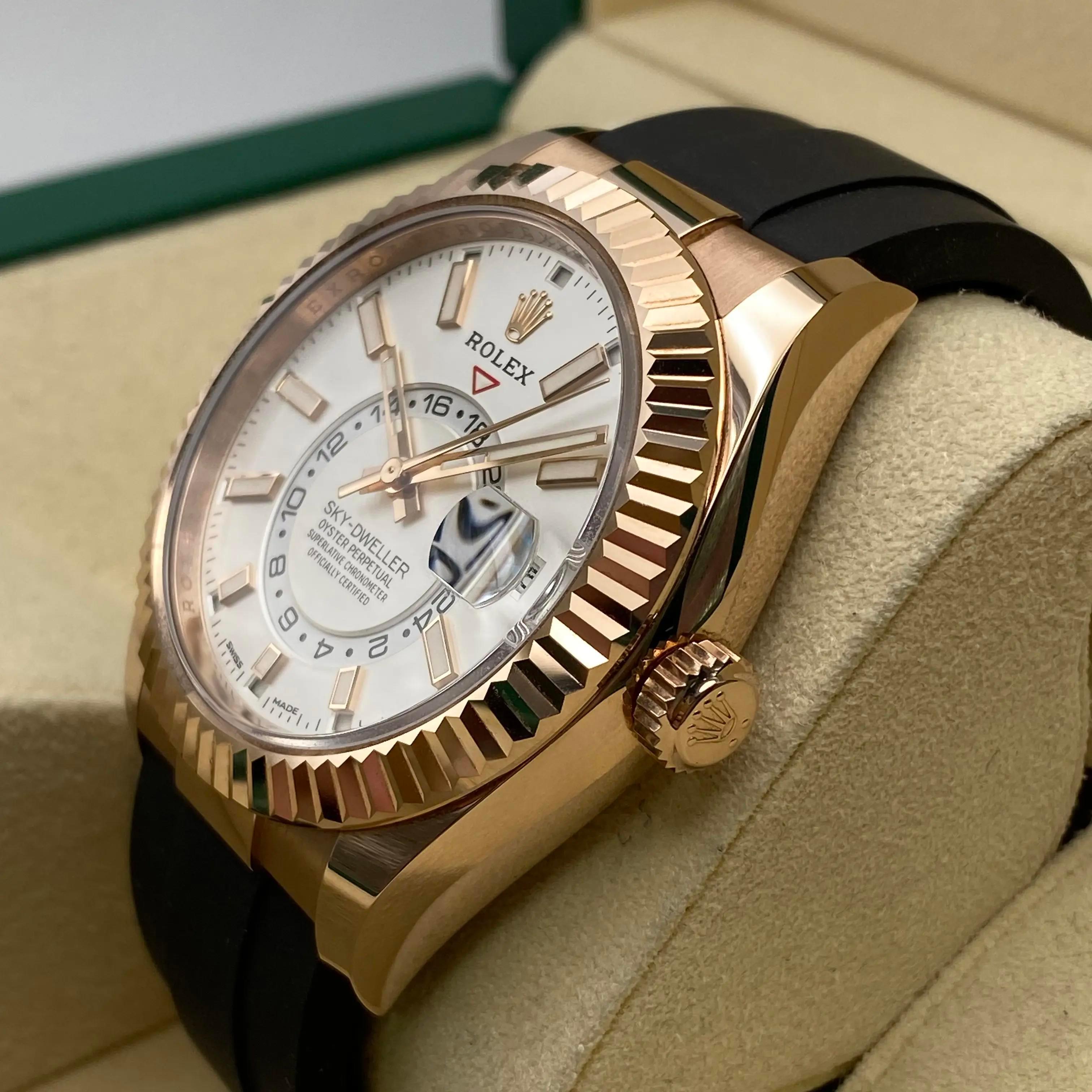 Rolex Sky Dweller 42mm 326235 Rose Gold White Dial Automatic Watch B&P In Excellent Condition For Sale In New York, NY